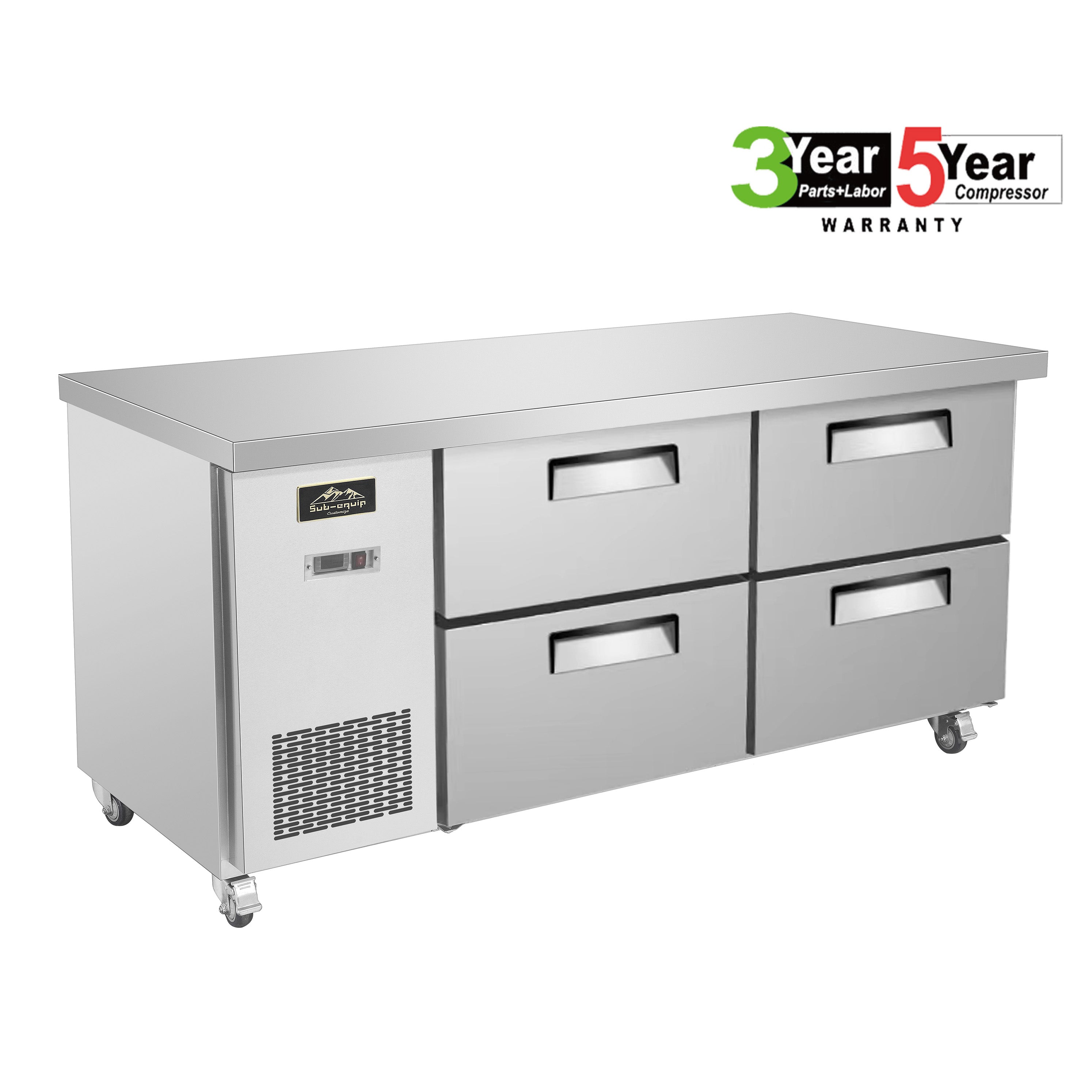 Sub-equip, 60" Stainless Steel Undercounter Freezer with side Mounted Compressor and 4 drawers