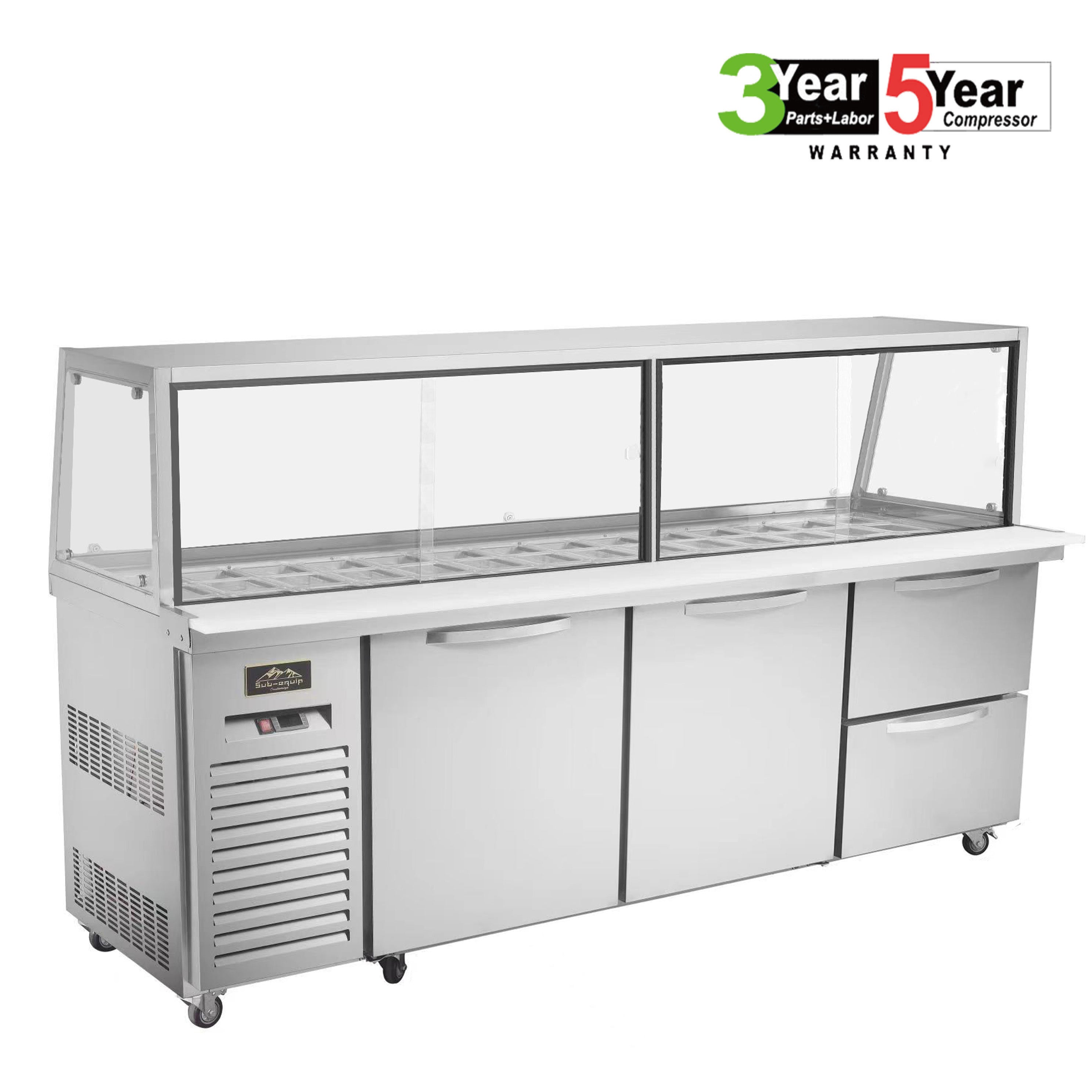 Sub-equip, 96"Prep Table Refrigerator with Sneeze Glass, 2 Doors and 2 Drawers