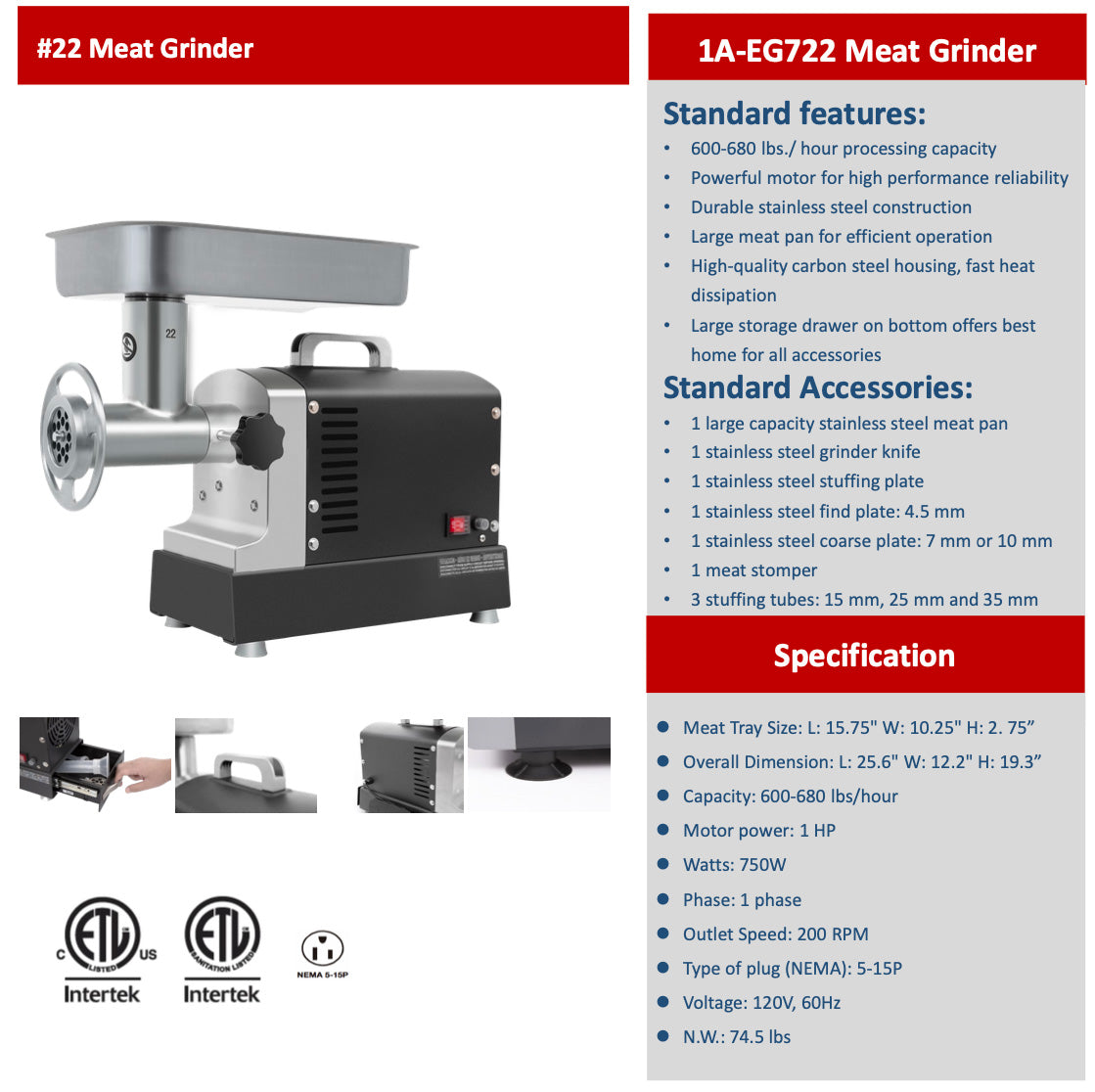 Sub-equip 1A-EG7 Series 22" Blade Diameter Meat Grinder - Chefcoca