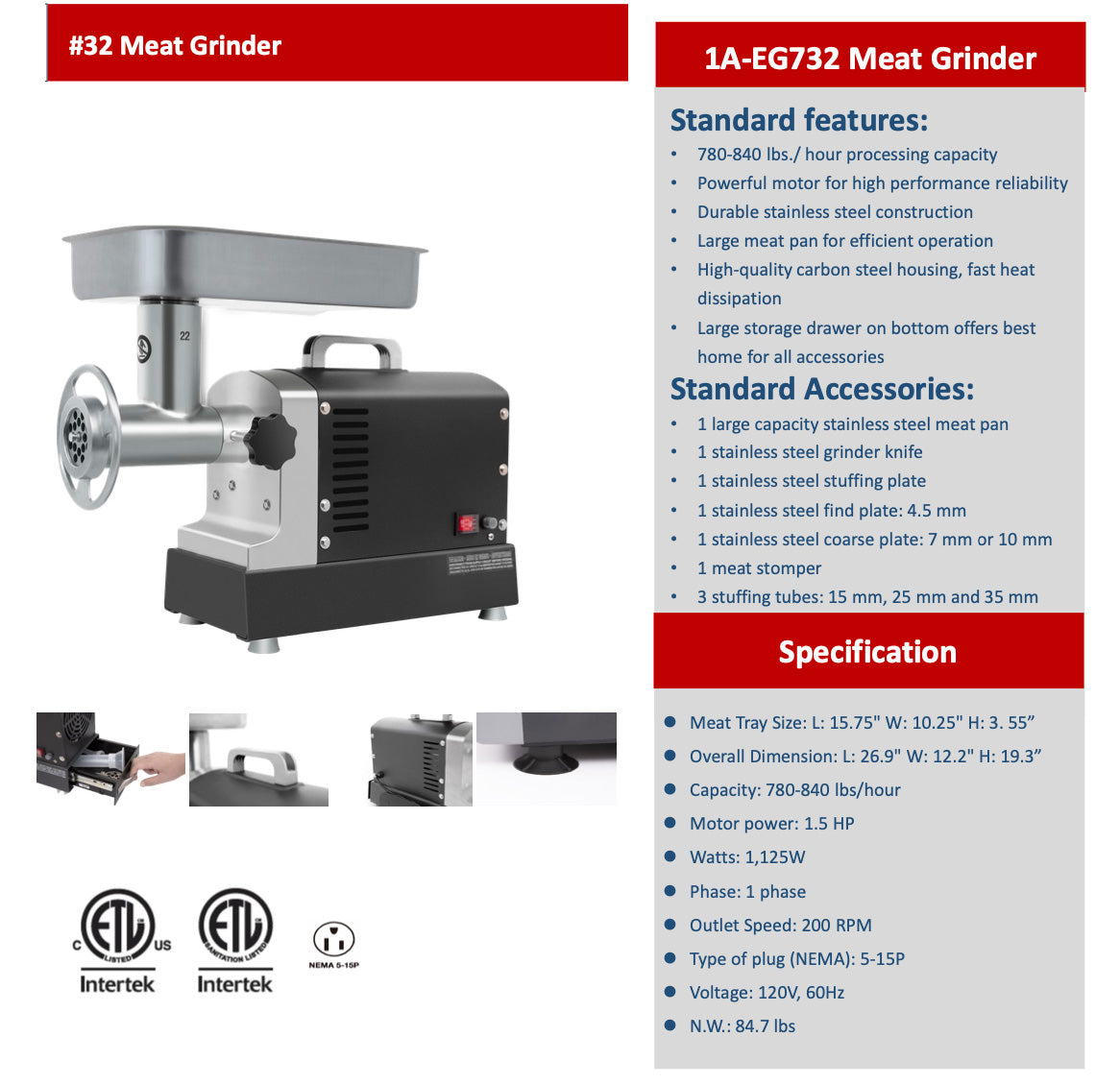 Sub-equip 1A-EG7 Series 32" Blade Diameter Meat Grinder - Chefcoca