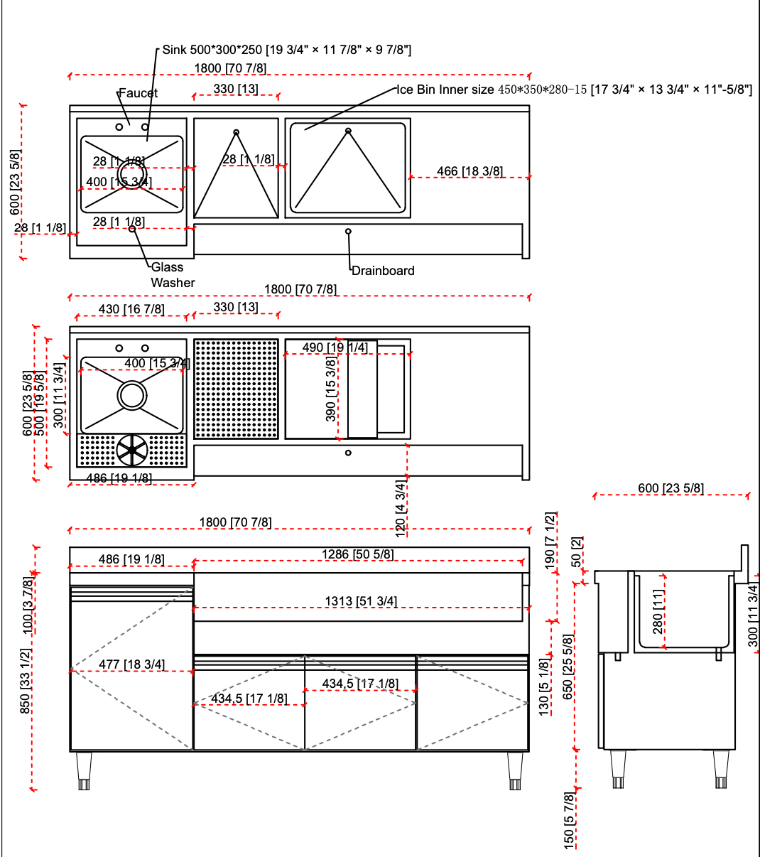 Chefco, 71"Stainless Steel Cocktail Station with Ice Bin (CTS-180) - Chefcoca