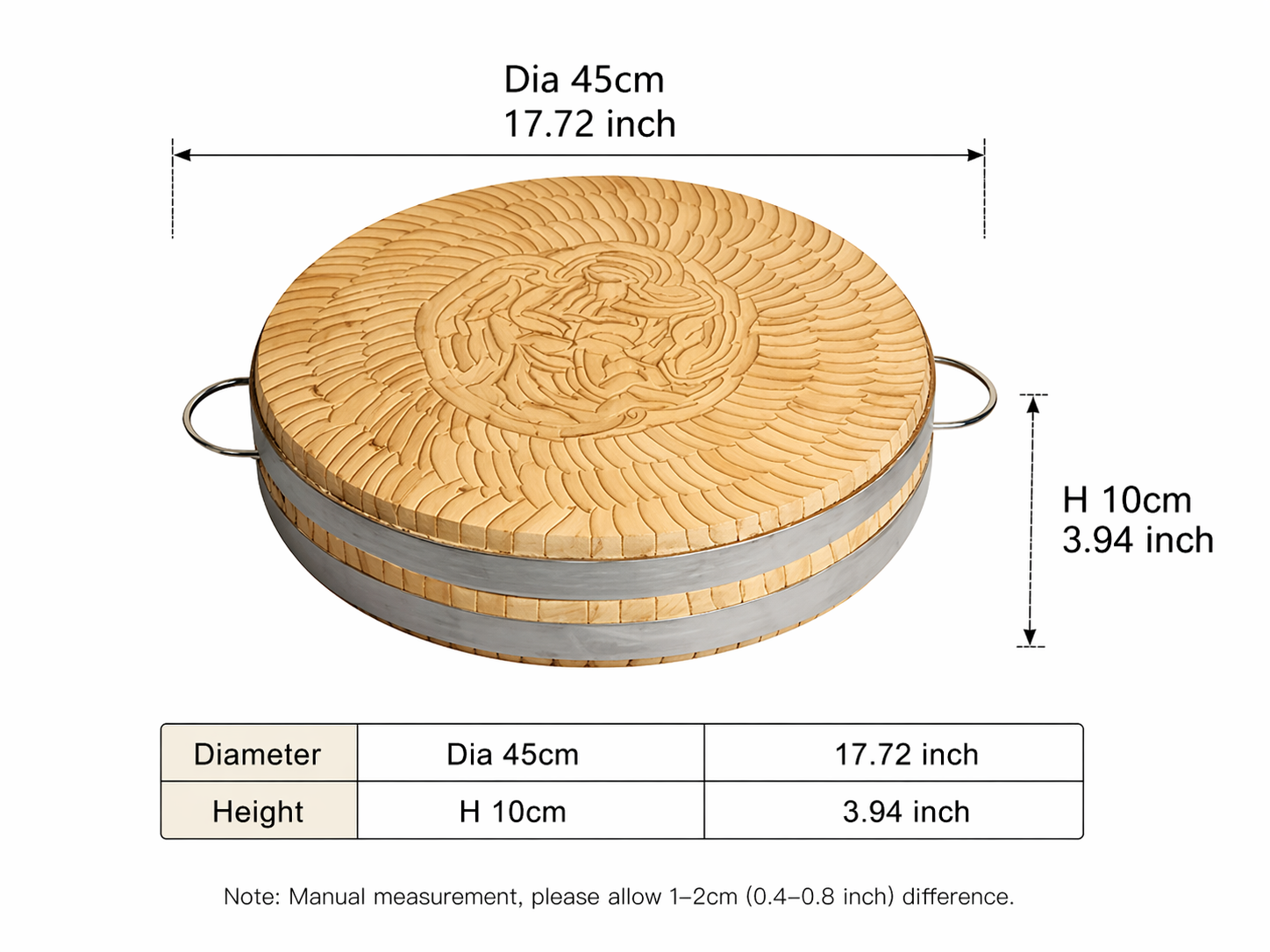 Sub-equip ,BCB-4510, Round Bamboo Chopping Board with Stainless Steel Handles, 45cm x 10cm - Chefcoca