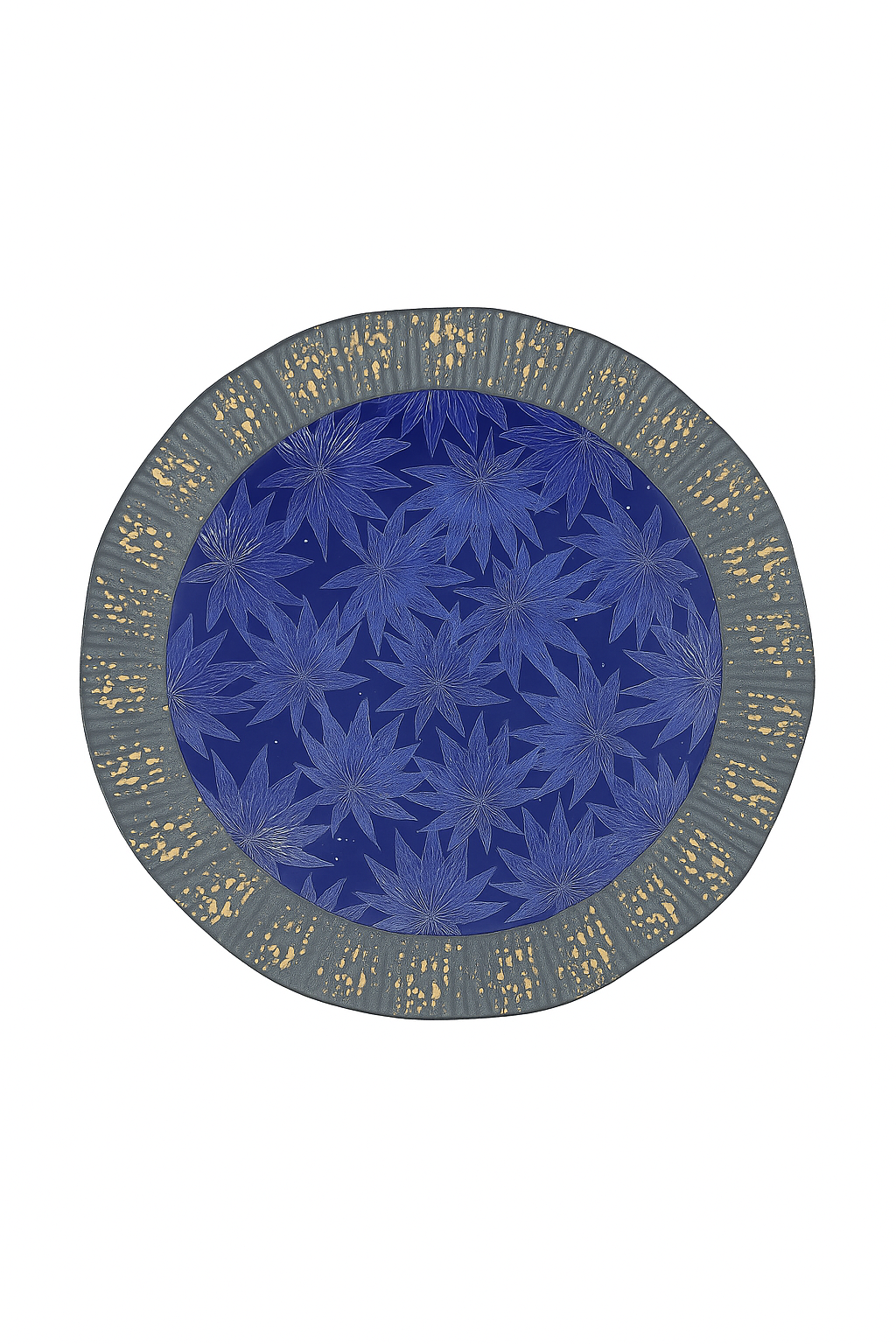 Chefco,BL3203,12.5"Dia Ceramic Blue Plum Blossom Shape Plate with Sakura & Golden Flake Pattern