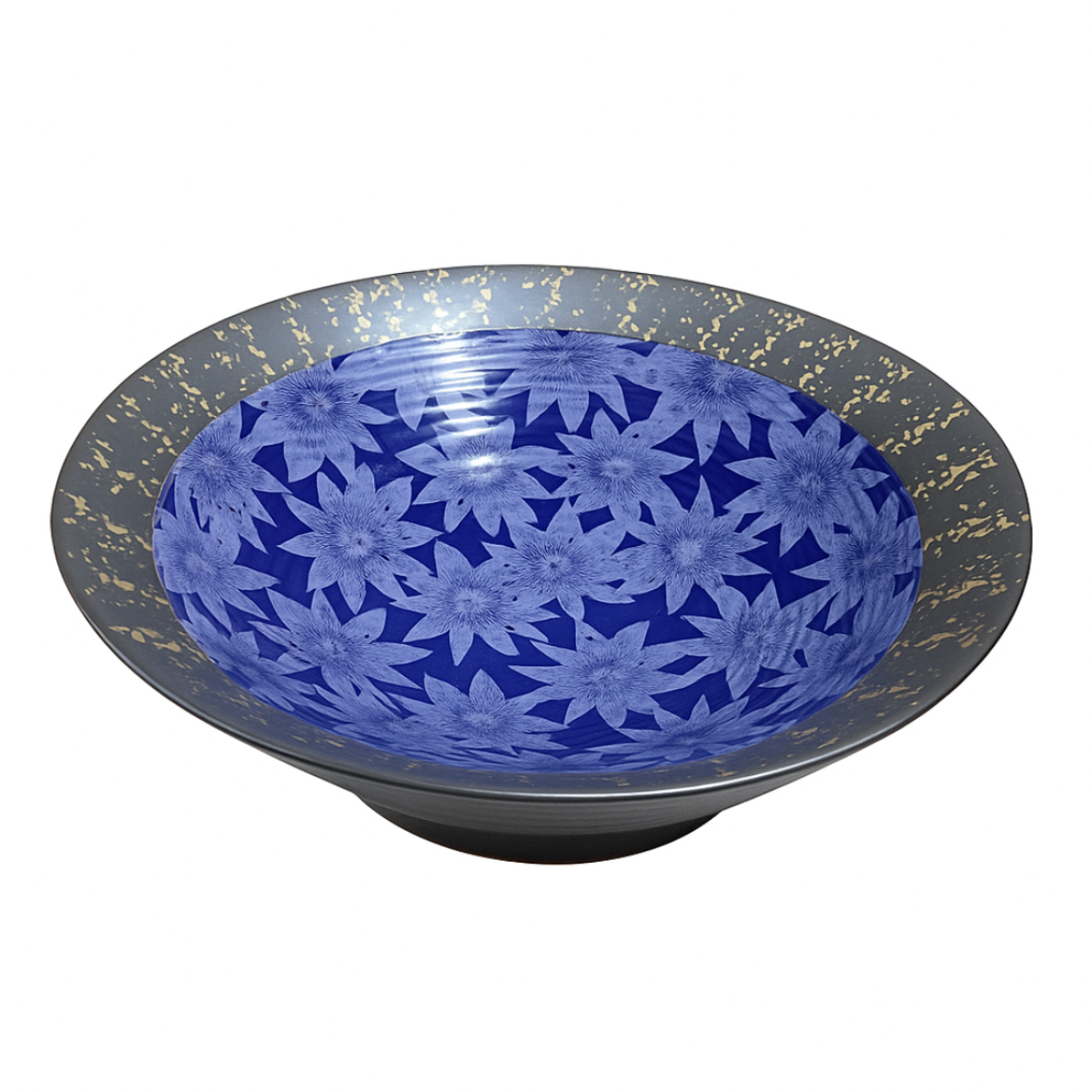 Chefco,BL4010,16" Ceramic Blue Round Bowl  with Sakura & Golden Flake Pattern