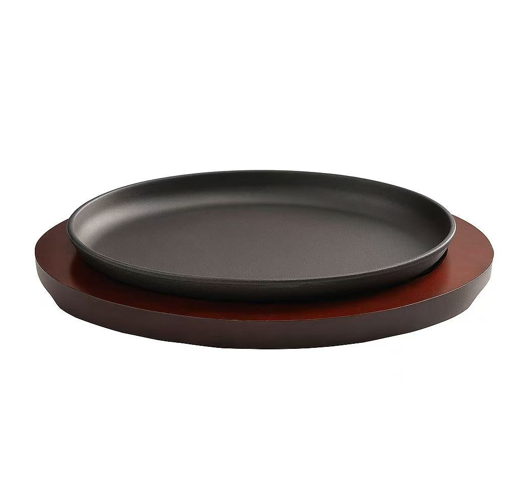 Chefco,  CISP-10.5F,Oval cast iron sizzling plate with wooden base, 2pcs/set - Chefcoca