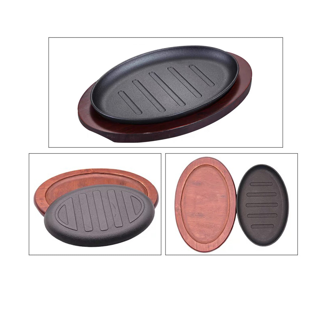 Oval cast iron sizzling plate with wooden base, 2pcs/set 10"x6.5" - Chefcoca