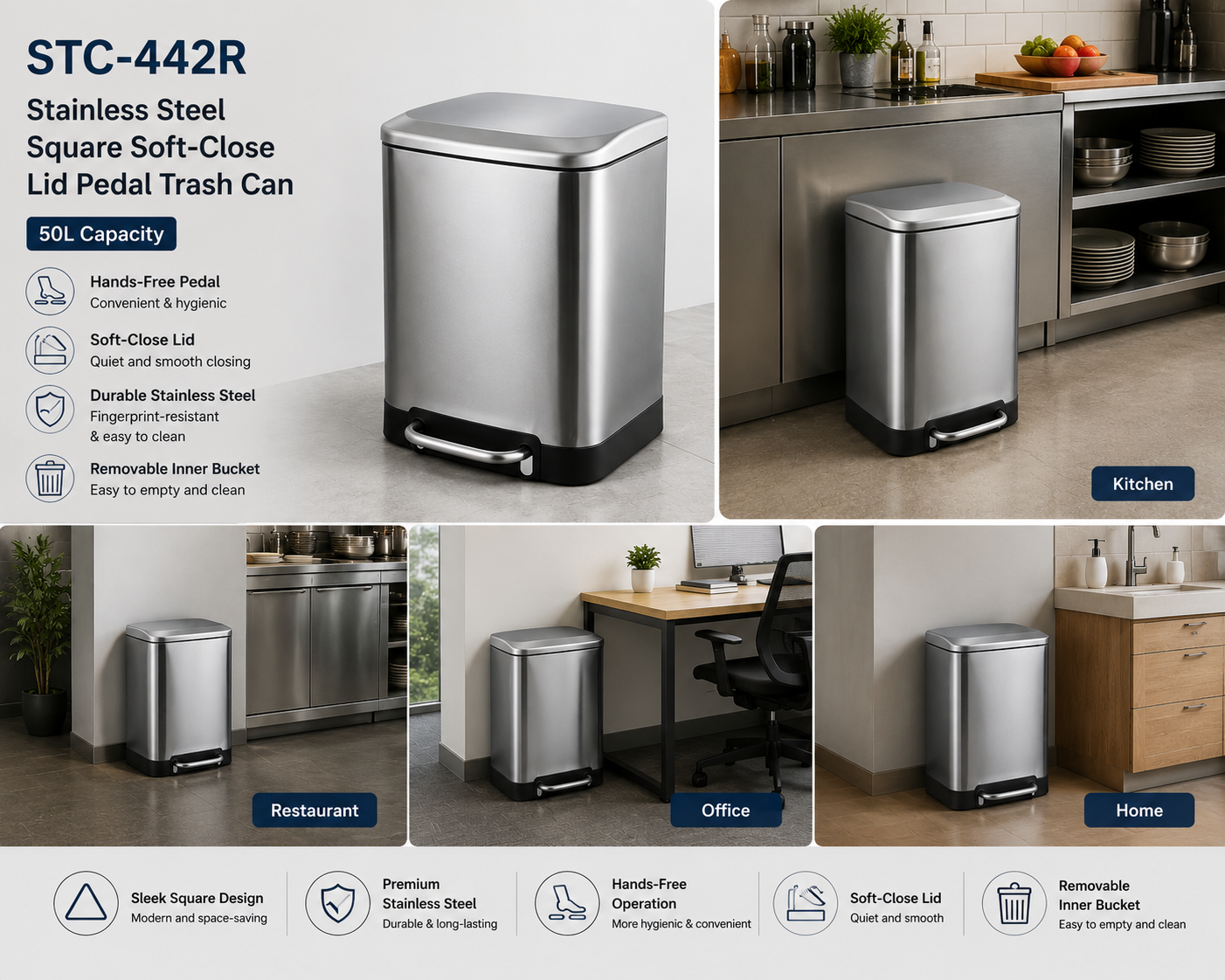 Chefco, STC-442R,Stainless Steel Square Soft-Close Lid Pedal Trash Can, 50L