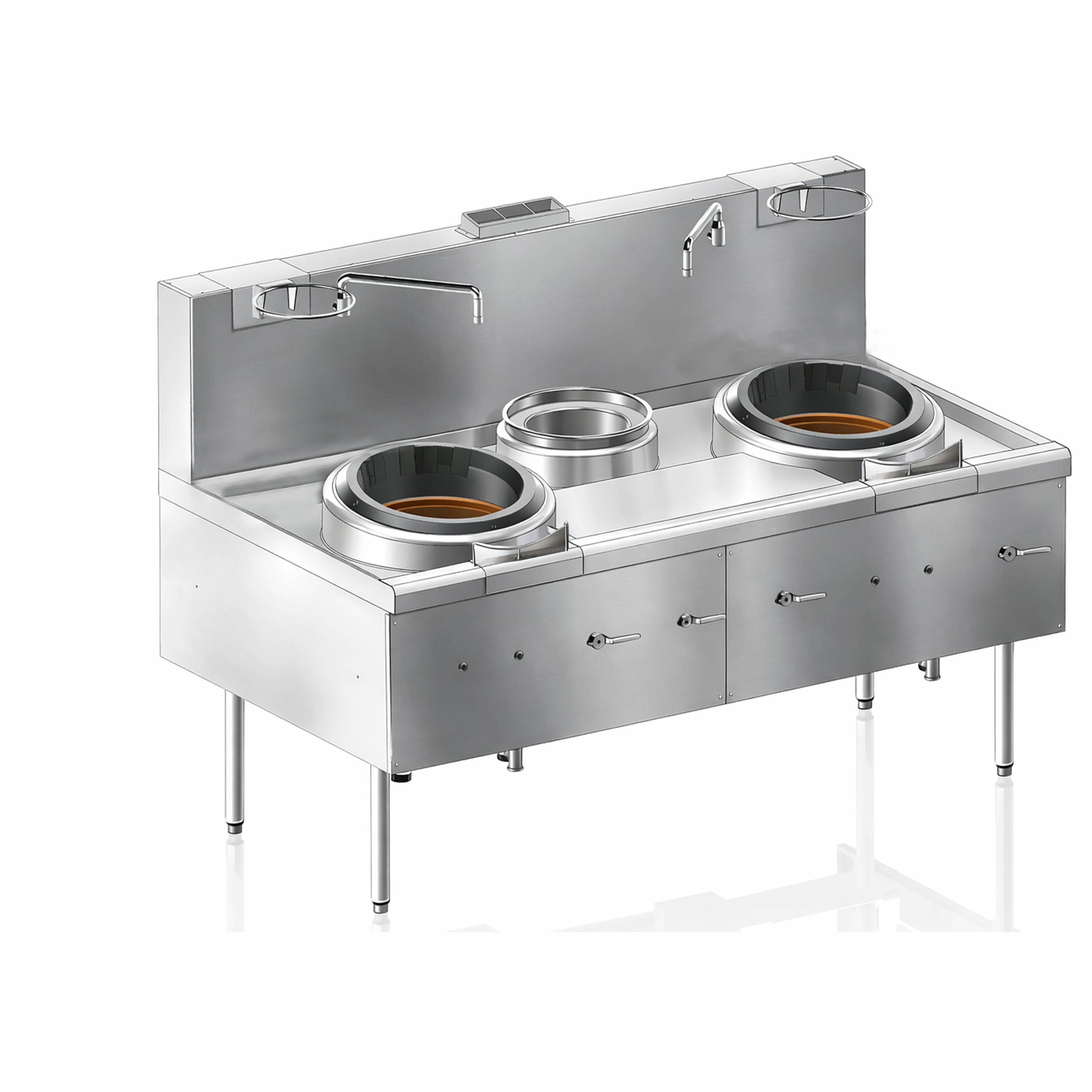 Turbo Range,EW5-2-1A, Double Wok Range with 1 boil pot- 307,080 BTU (70.87" x 41.33 x 31.89"/49.59")