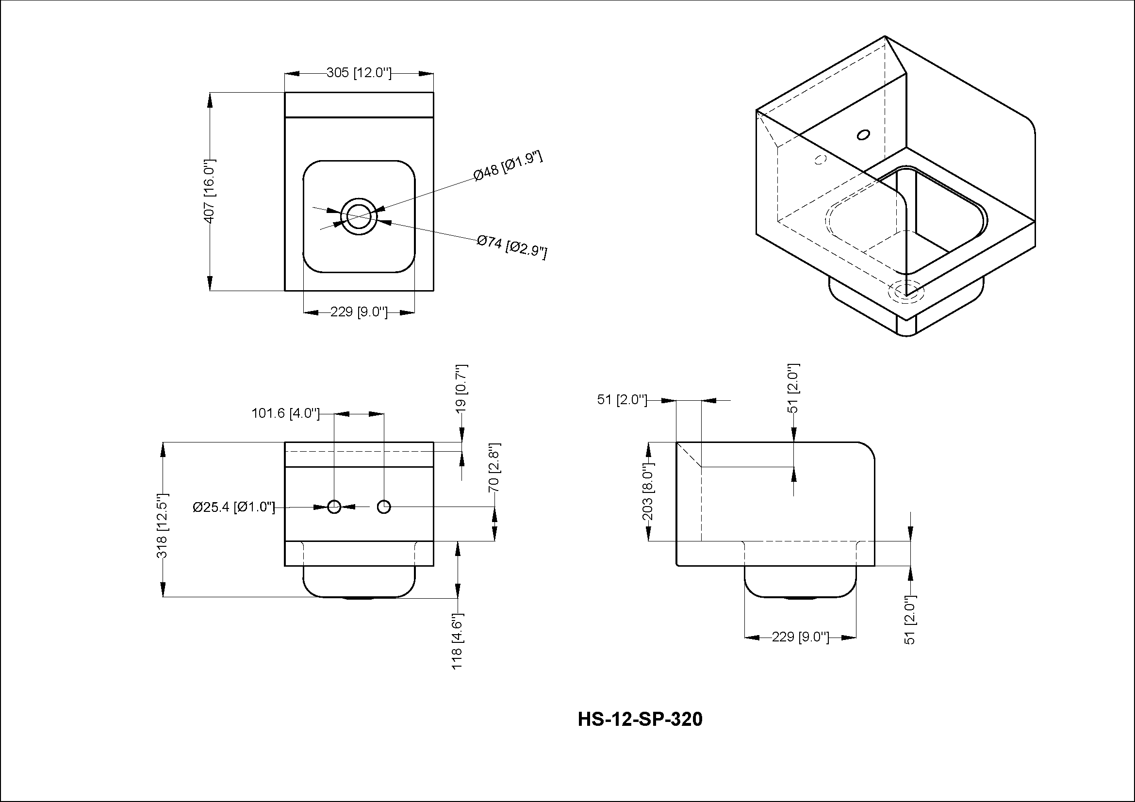 Chefco, HS-12-SP-320, 20-Gauge 304 stainless steel Wall Mounted Hand Sink with Gooseneck Faucet and Side Splash (12"W x 16"D x 13"H)
