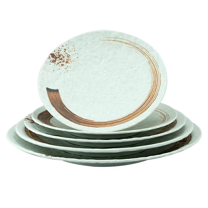 Melamine Light Green Round Flat Plate with Brown Ink Streak Pattern(JM169189LG - JM169193LG)