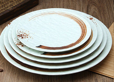 Melamine Light Green Round Flat Plate with Brown Ink Streak Pattern(JM169189LG - JM169193LG)