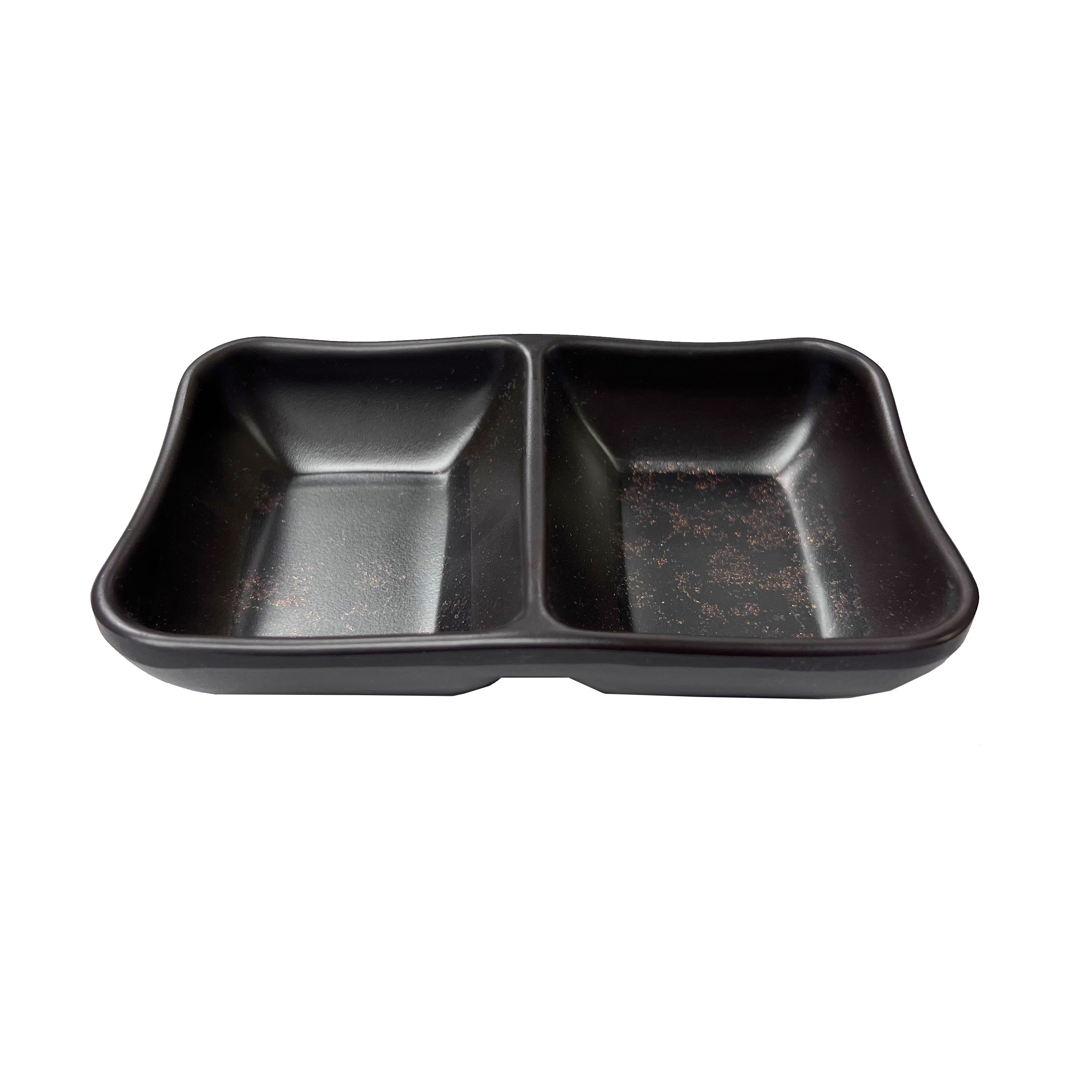 5.1"×3.25" Melamine Dark Brown 2 Compartment Sauce Dish with Golden Dots (JWT-59DB)