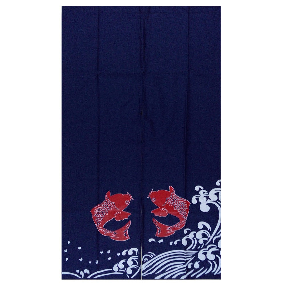 Dark Blue Door Curtain with Double Red Carp & Seawave (MK-496) - Chefcoca