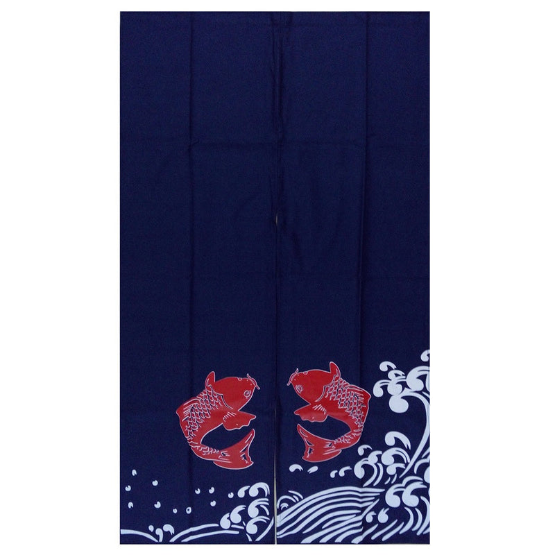 Dark Blue Door Curtain with Double Red Carp & Seawave (MK-496)