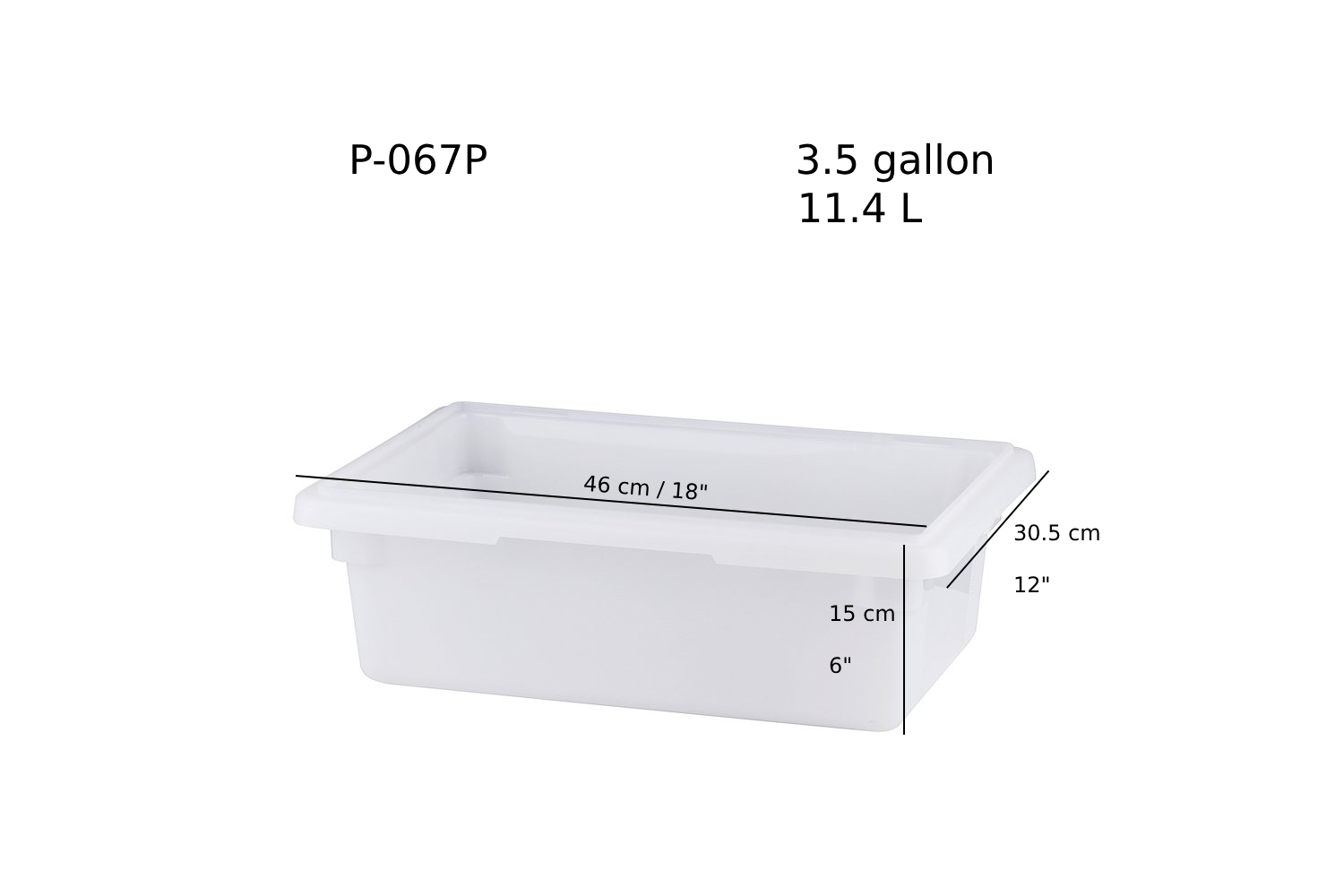 White Polypropylene Food Storage Box, 3.5 Gallon/11.4L, 18"x12"x6"H (P-067P)
