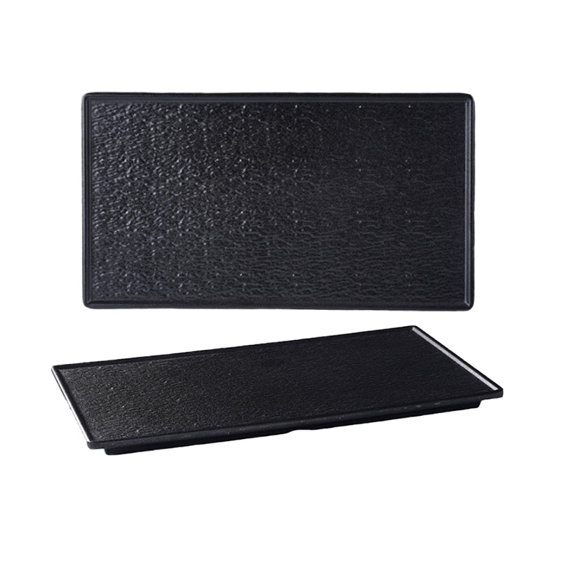 CHEFCO, P256-12.5BL,12.5" Rectangular Melamine Plate – Black Marble Finish, 12.40" x 6.93" x 0.67"H
