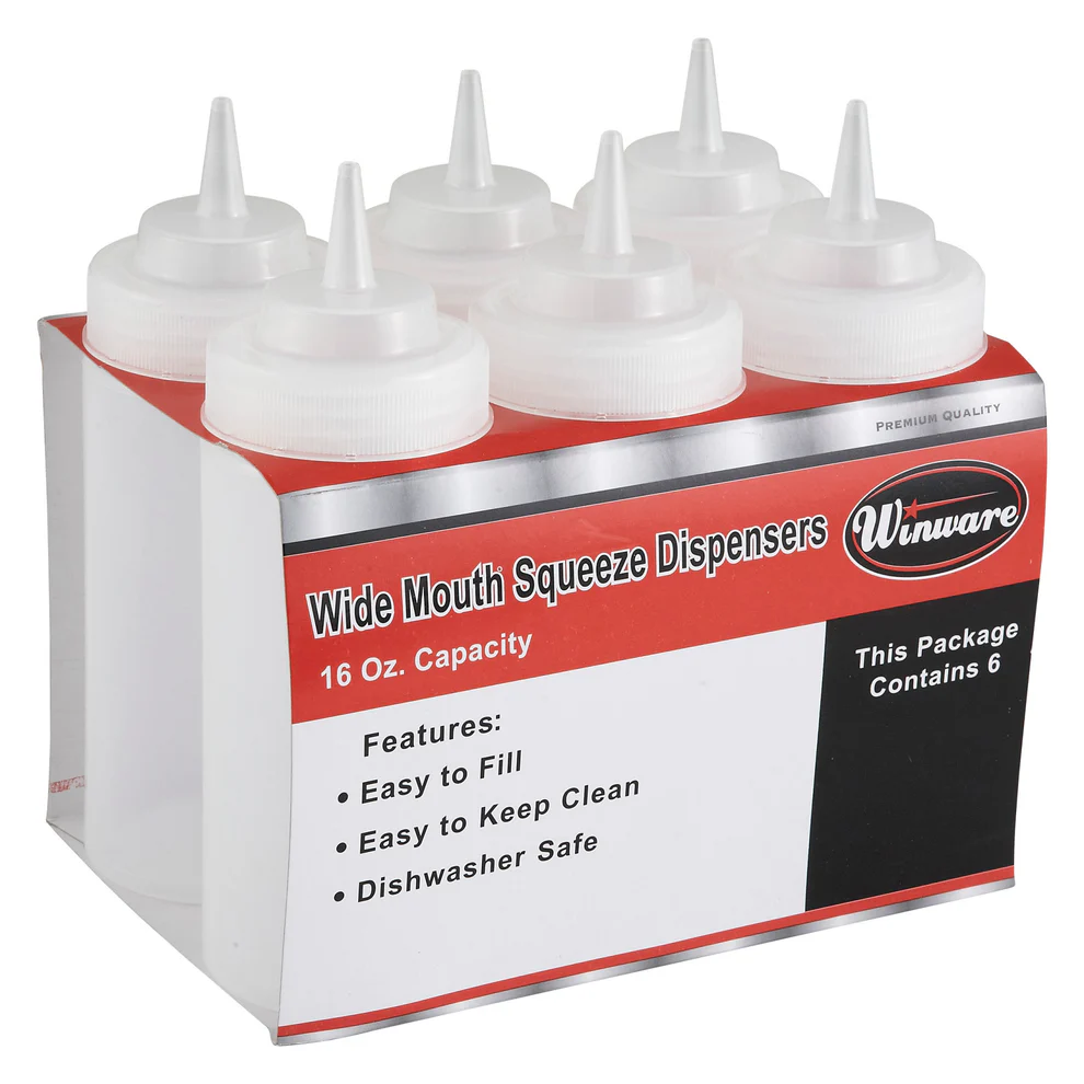 PSW-32 - 32oz Squeeze Bottles, Wide Mouth, Clear, 6pcs/pk - Chefcoca