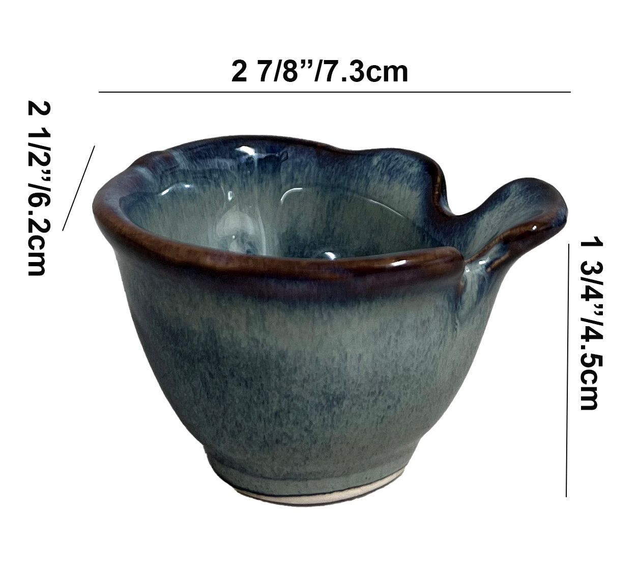 (PTC00303)  2 7/8" Dia, 1 3/4" high Blue-Green glaze with a mottled surface Pufferfish Shape Cup