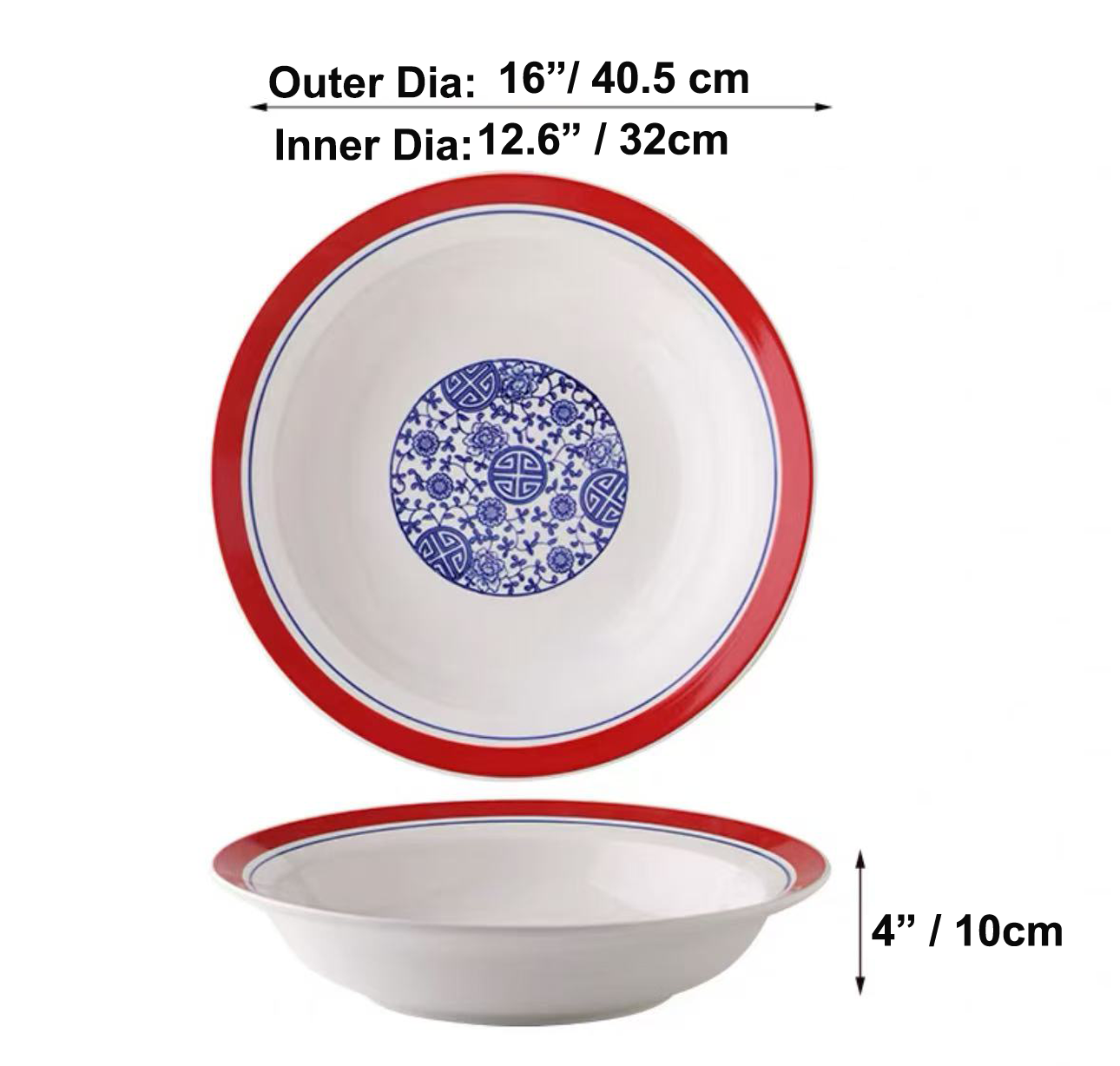 Chefco, 16"  Chinese-style ceramic Plate, blue and white porcelain bowl with a red rim and a patterned center (PTC00330)