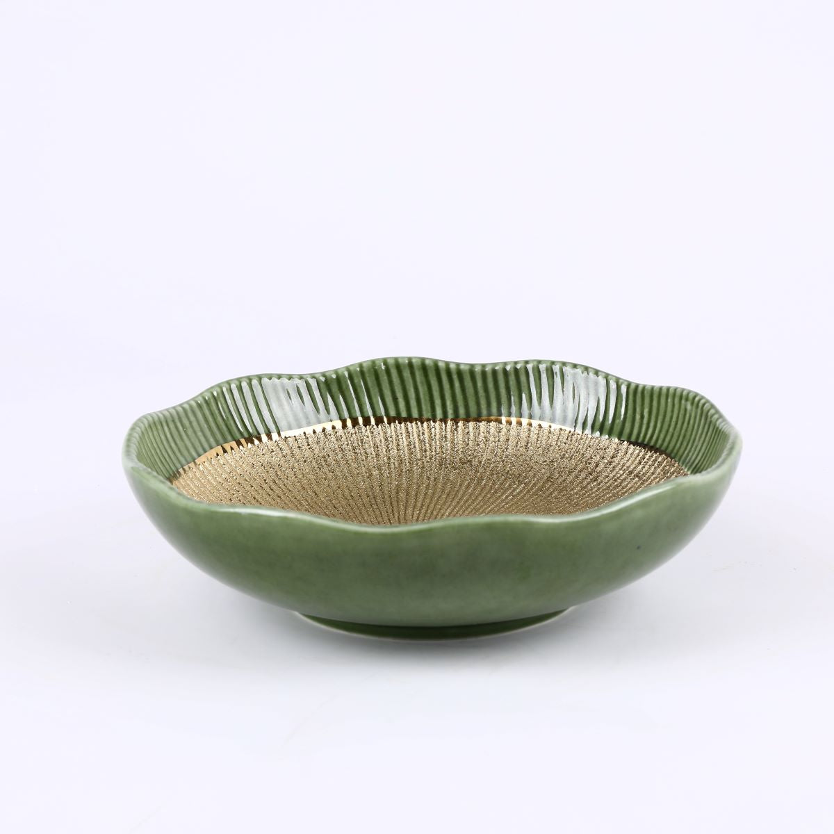 Golden & Green Jaded Ceramic round interior striped larger bowl (PTC00416)