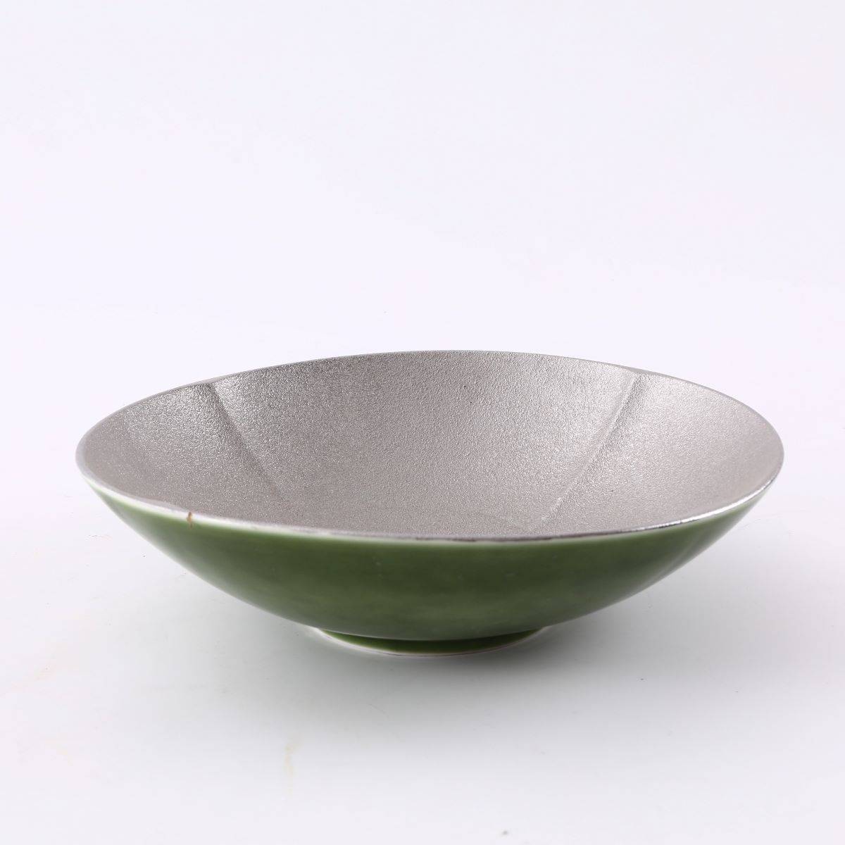 11" Green Ceramic Bowl with Silver Texturized Center, Green and Silver (PTC00417)