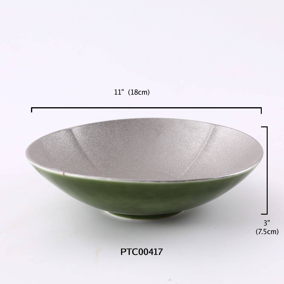 11" Green Ceramic Bowl with Silver Texturized Center, Green and Silver (PTC00417)