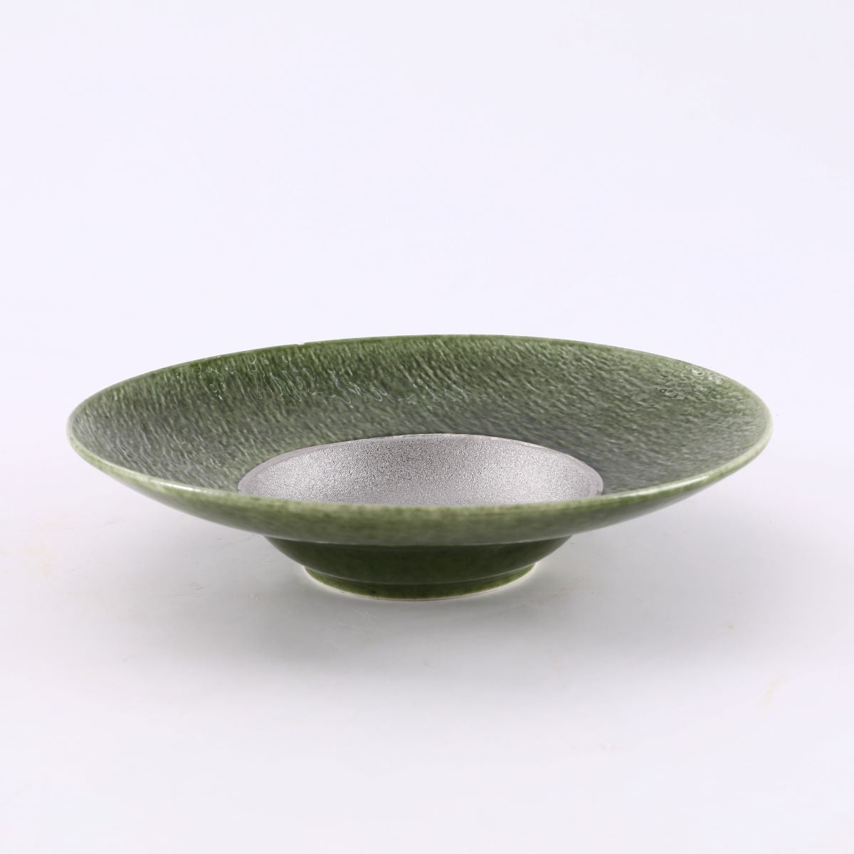 11.8" Green and Silver Ceramic Round Bowl with Textured Center (PTC00423)