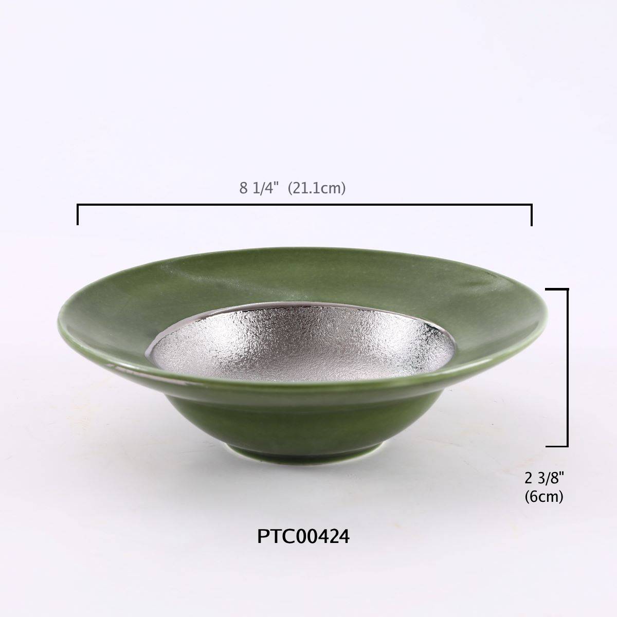 8.3" Green and Silver Ceramic Round Bowl with Textured Center (PTC00424)