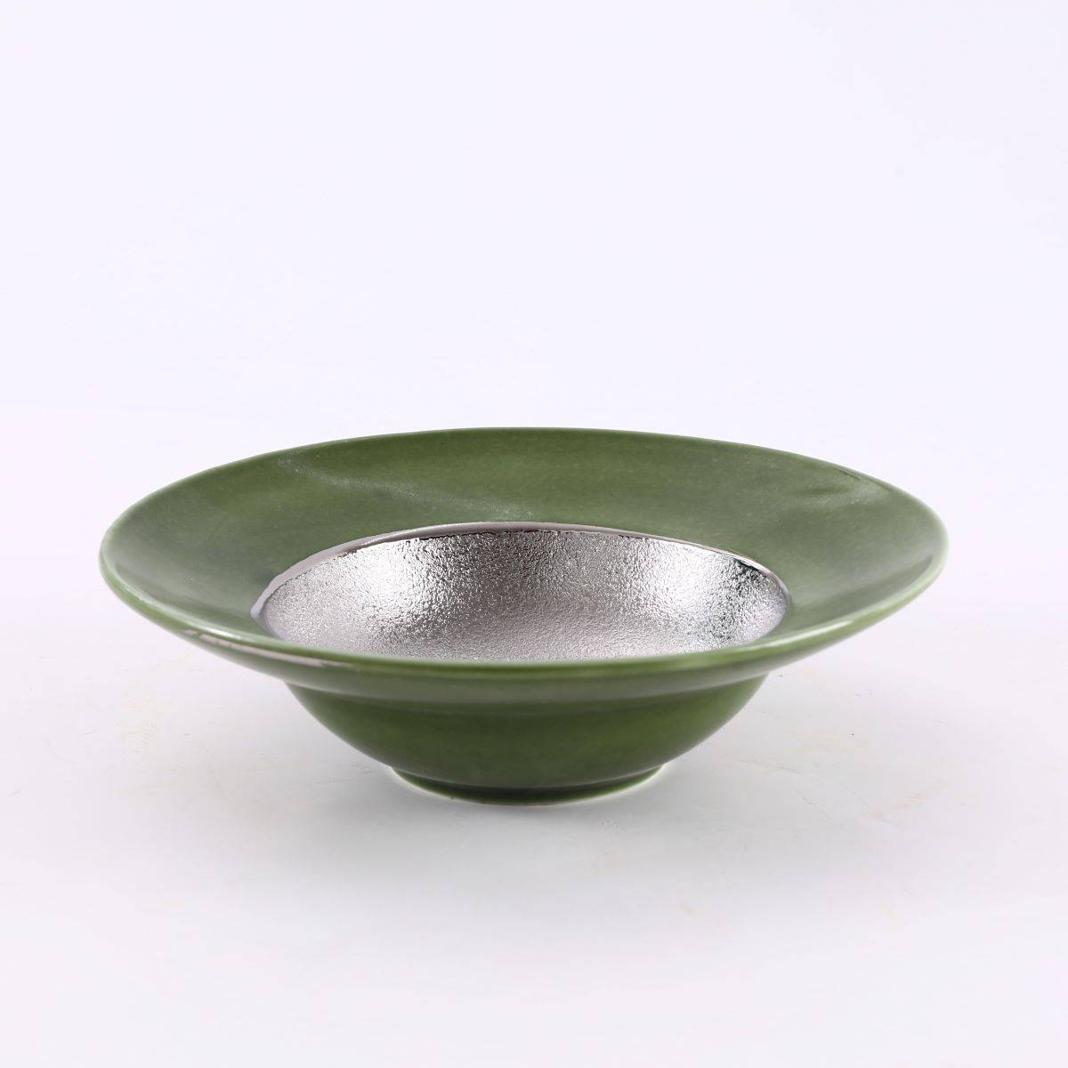 8.3" Green and Silver Ceramic Round Bowl with Textured Center (PTC00424)