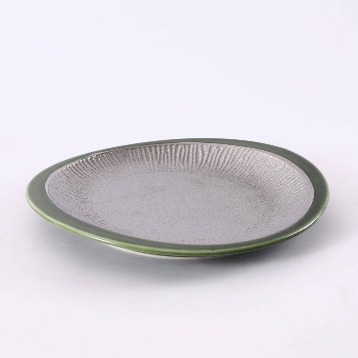 11" Green and Silver Ceramic Plate with Textured Center (PTC00427)