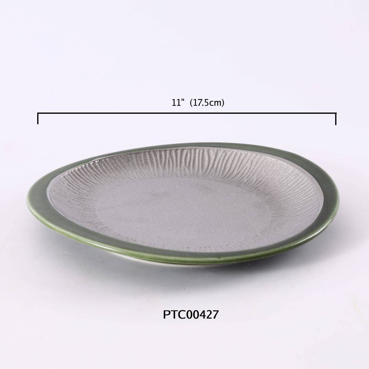 11" Green and Silver Ceramic Plate with Textured Center (PTC00427)