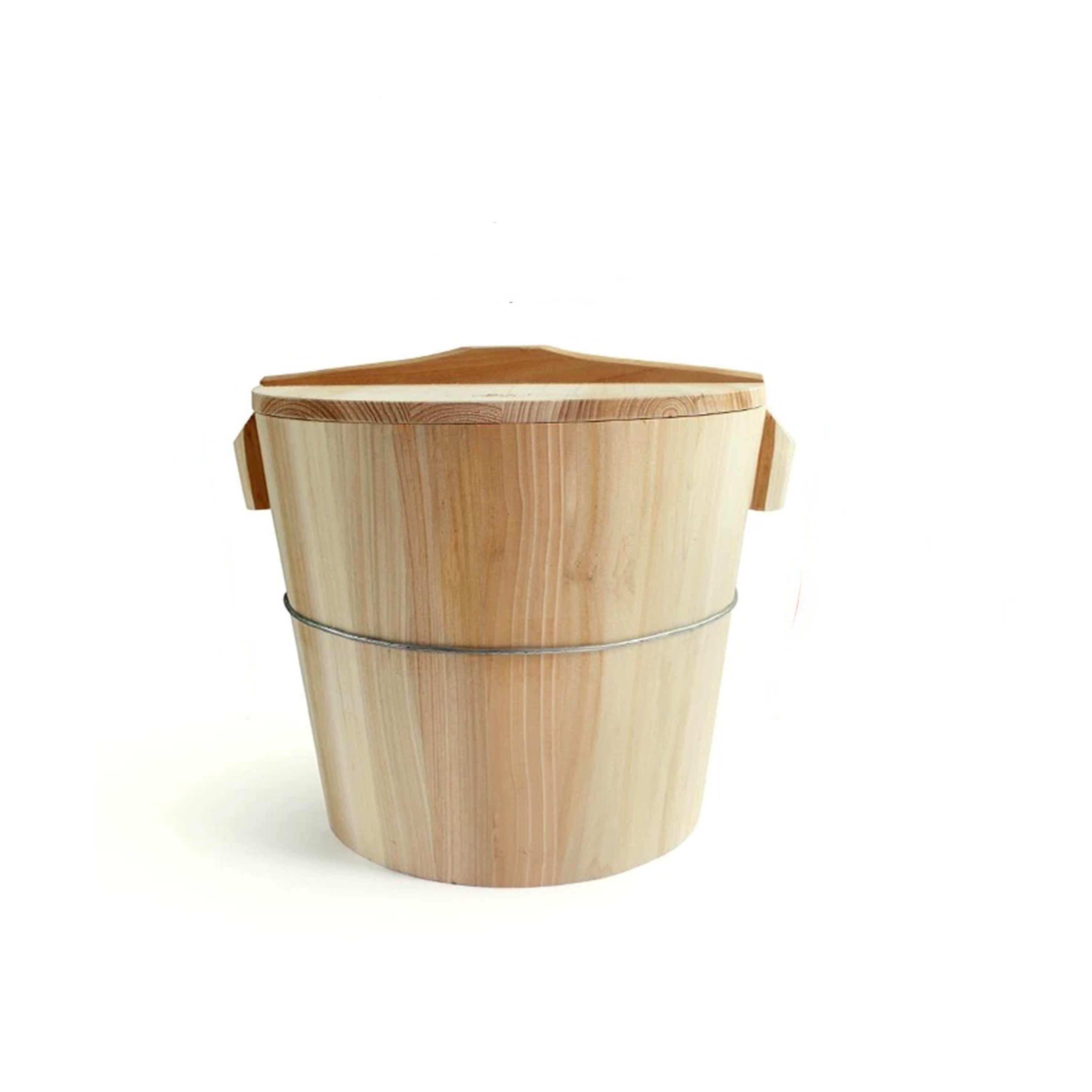 Wooden Rice Bowl Bucket Wooden Steamed Rice Barrel Handmade Cooking Rice Barrel with Stearmer Liner Lid and Rice Paddle