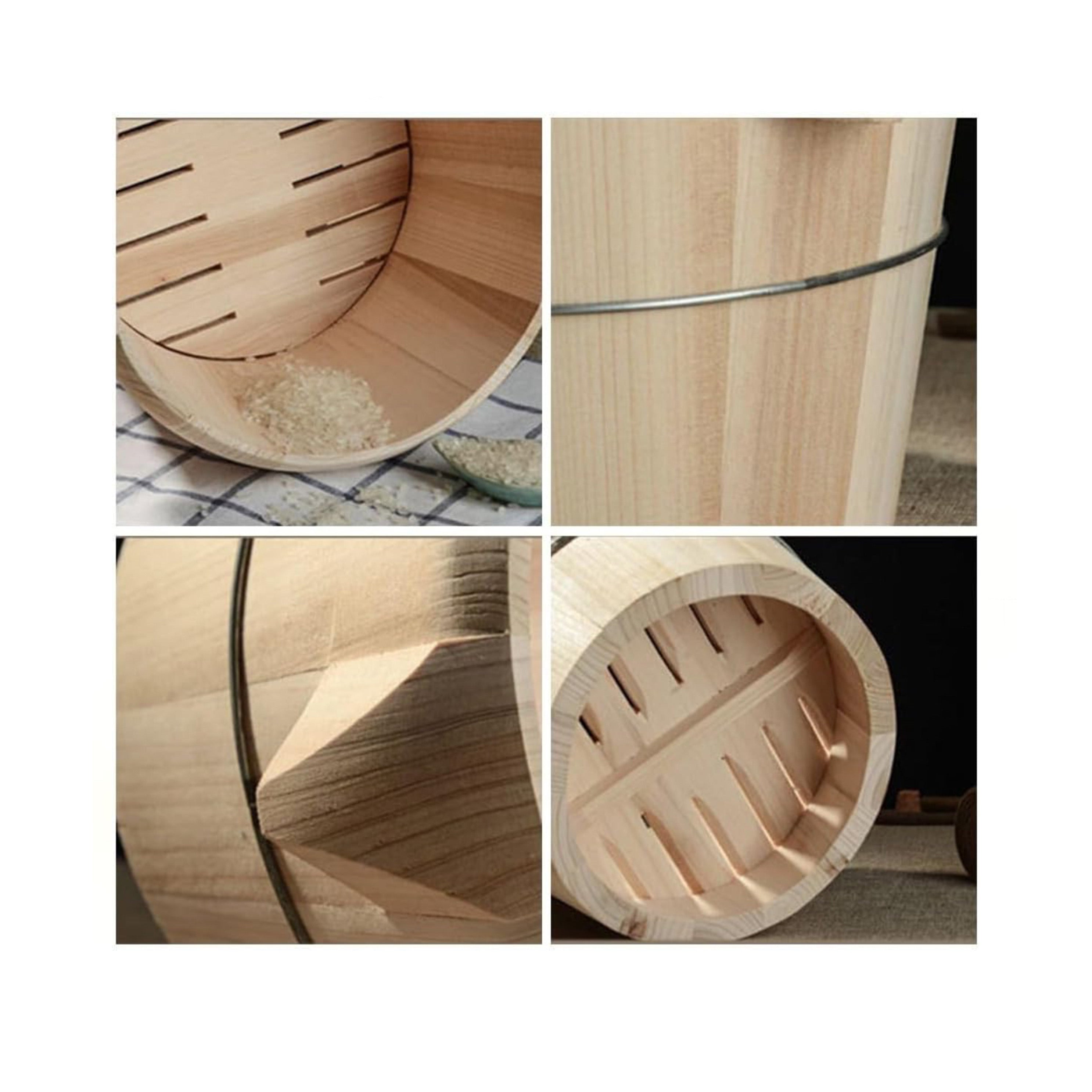 Wooden Rice Bowl Bucket Wooden Steamed Rice Barrel Handmade Cooking Rice Barrel with Stearmer Liner Lid and Rice Paddle - Chefcoca