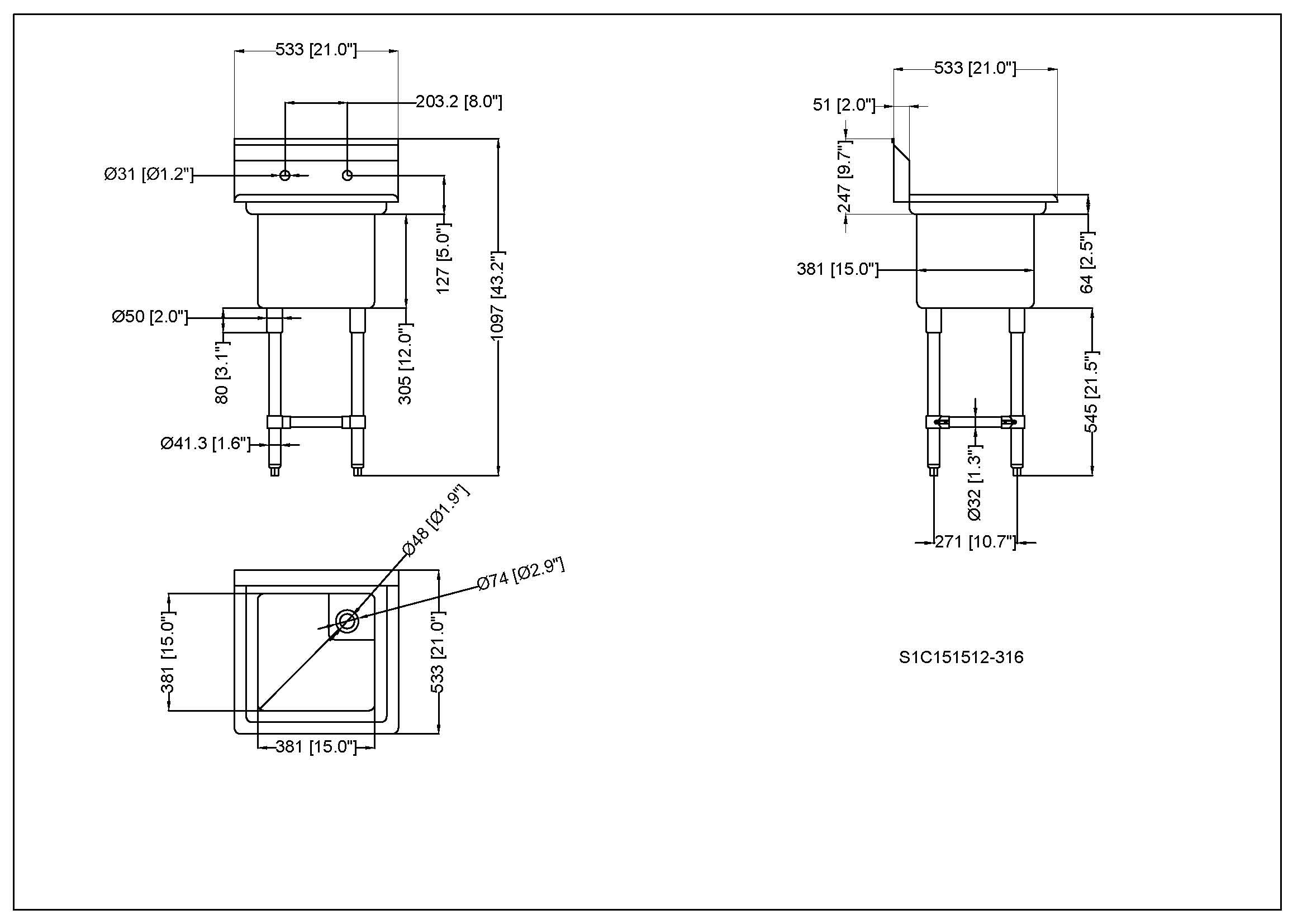 Metal 304, S1C151512-316, 16 Gauge 304 Stainless Steel One Compartment Sink, commercial (21" x 21" x 43.2")