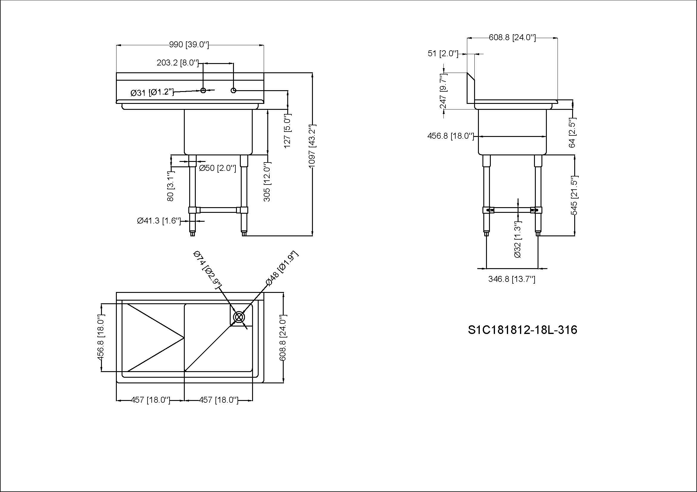 Évier commercial à un compartiment en acier inoxydable 304 de calibre 16 (18" x 18")