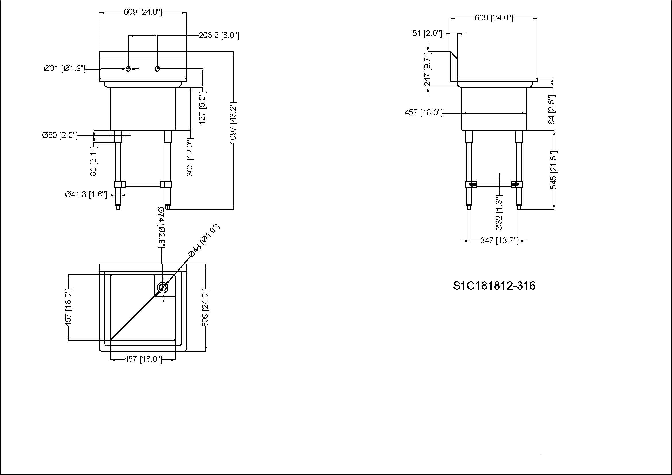 Metal 304, S1C181812-316, 16 Gauge 304 Stainless Steel One Compartment Commercial Sink (24" x 24" x 43.2" )