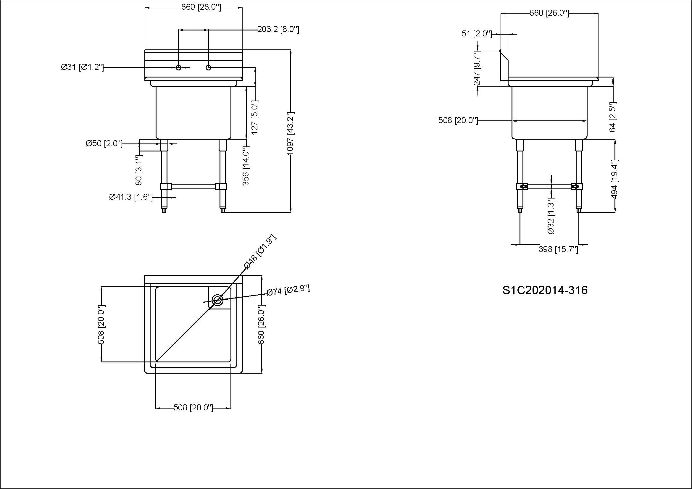 Metal 304, S1C202014-316, 16 Gauge 304 Stainless Steel One Compartment Commercial Sink (26" x 26" x 43.2")