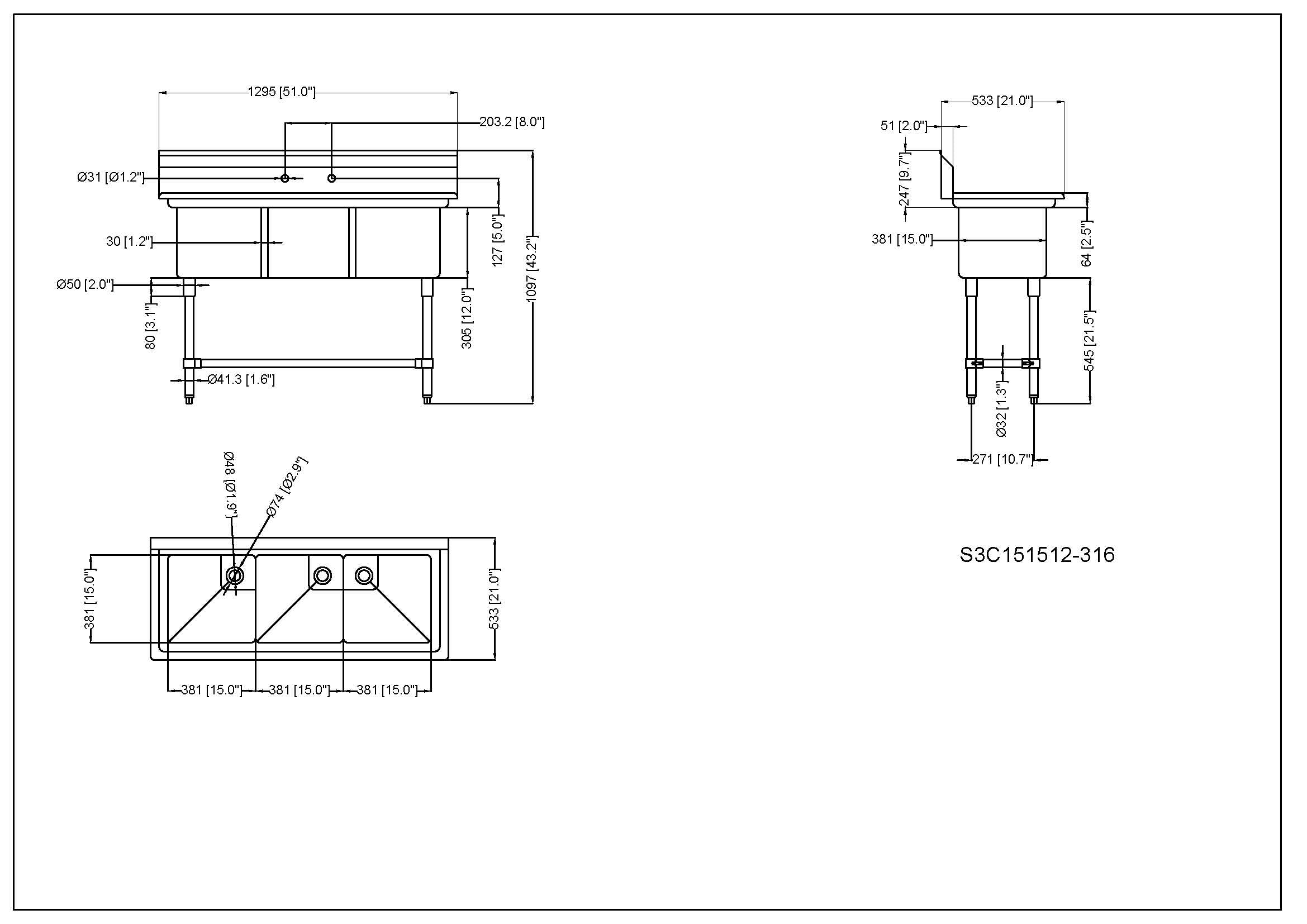 Metal 304, S3C151512-316,  16-Gauge 304 Stainless Steel Three Compartment Sink, No Drainboards (51" x 21" x 43.2")