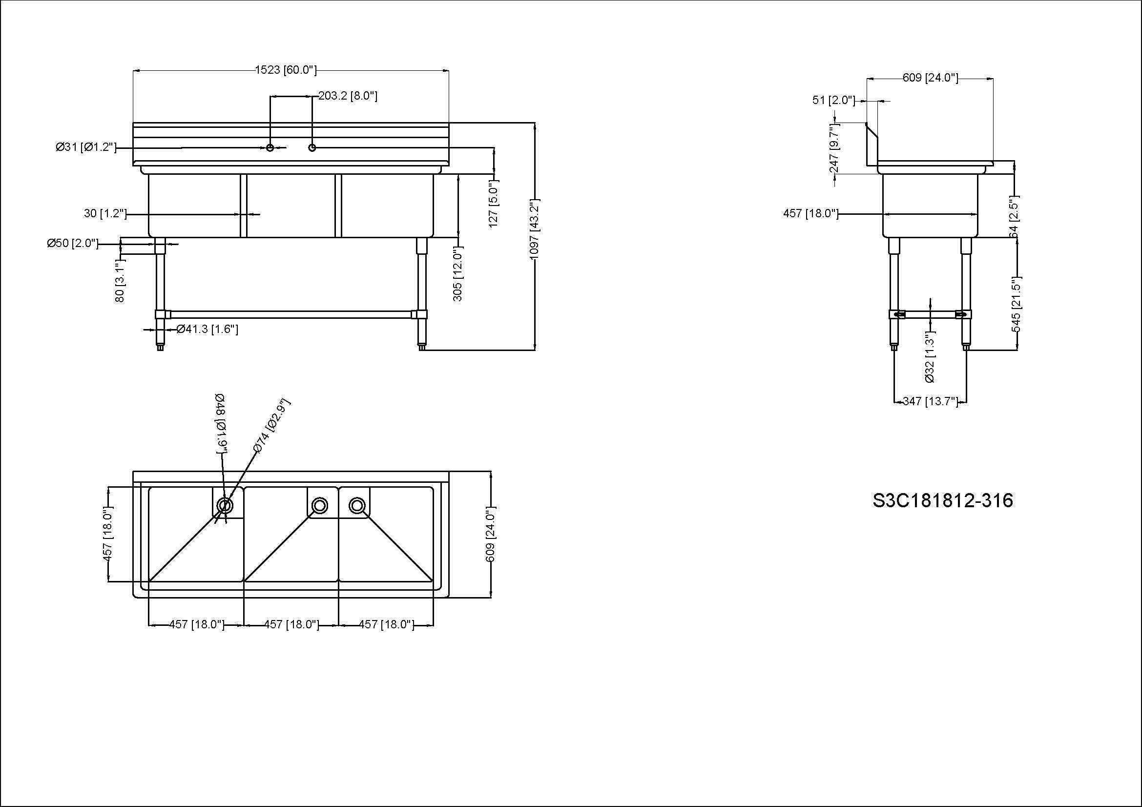 Évier à trois compartiments en acier inoxydable 304 de calibre 16, 60 po, sans égouttoir (60 po x 24 po x 44,5 po)
