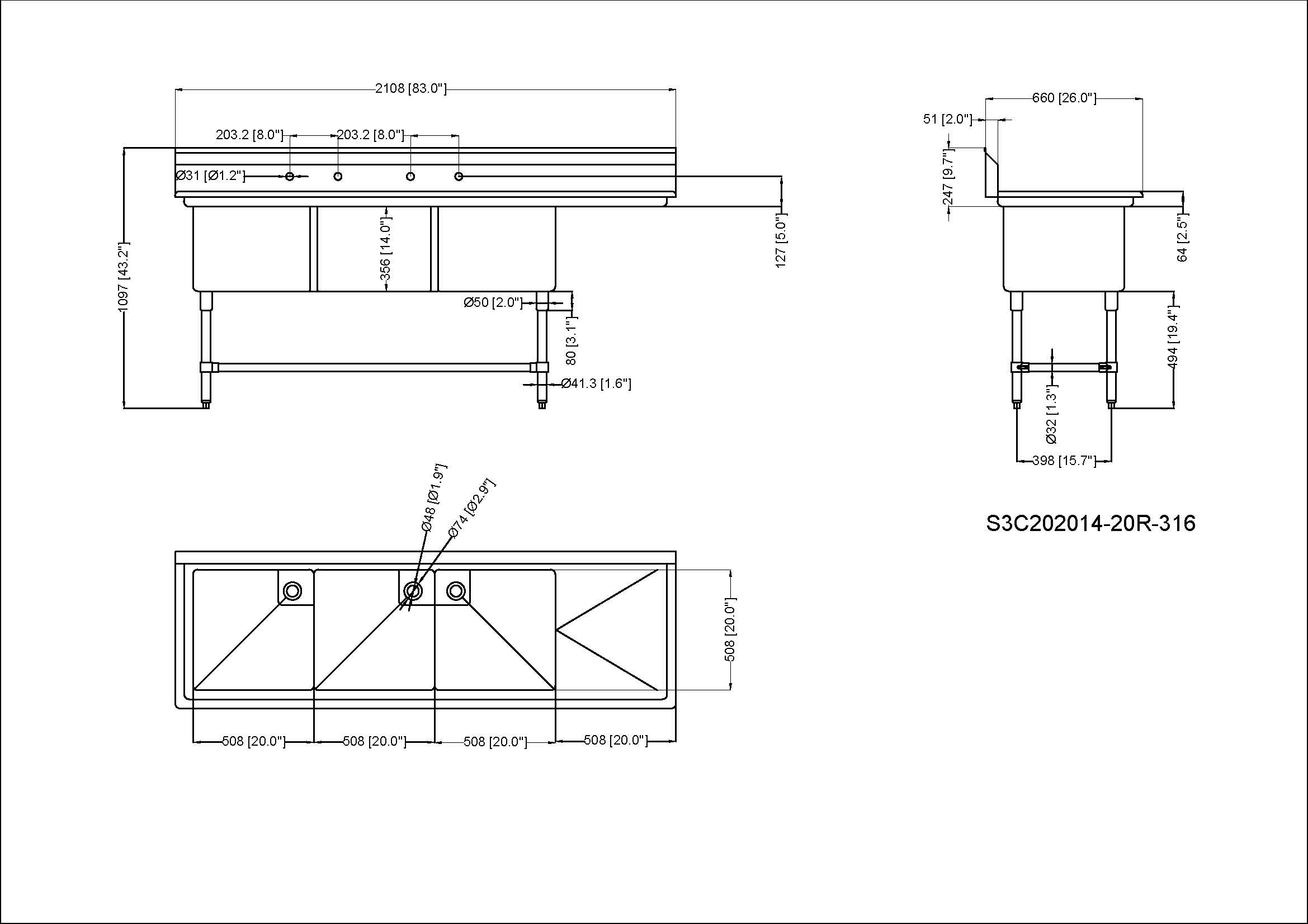 Évier à trois compartiments en acier inoxydable 304 de calibre 16 de 83 po avec égouttoir à droite (83 po x 26 po x 44,5 po)