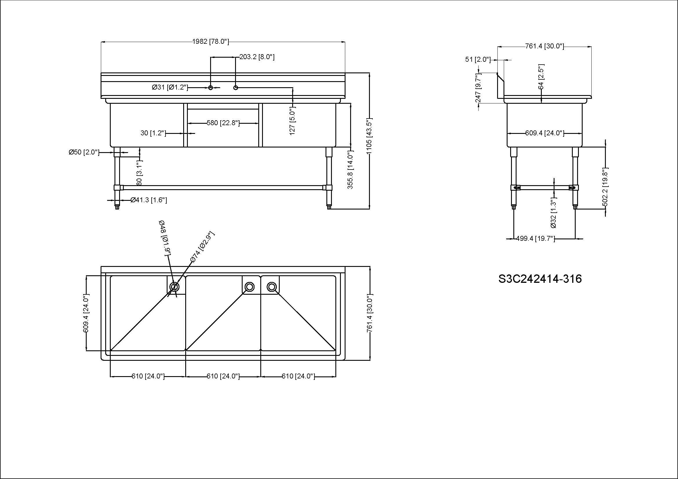 Évier à trois compartiments en acier inoxydable 304 de calibre 16, 78 po, sans égouttoir (78 po x 30 po x 44,5 po)