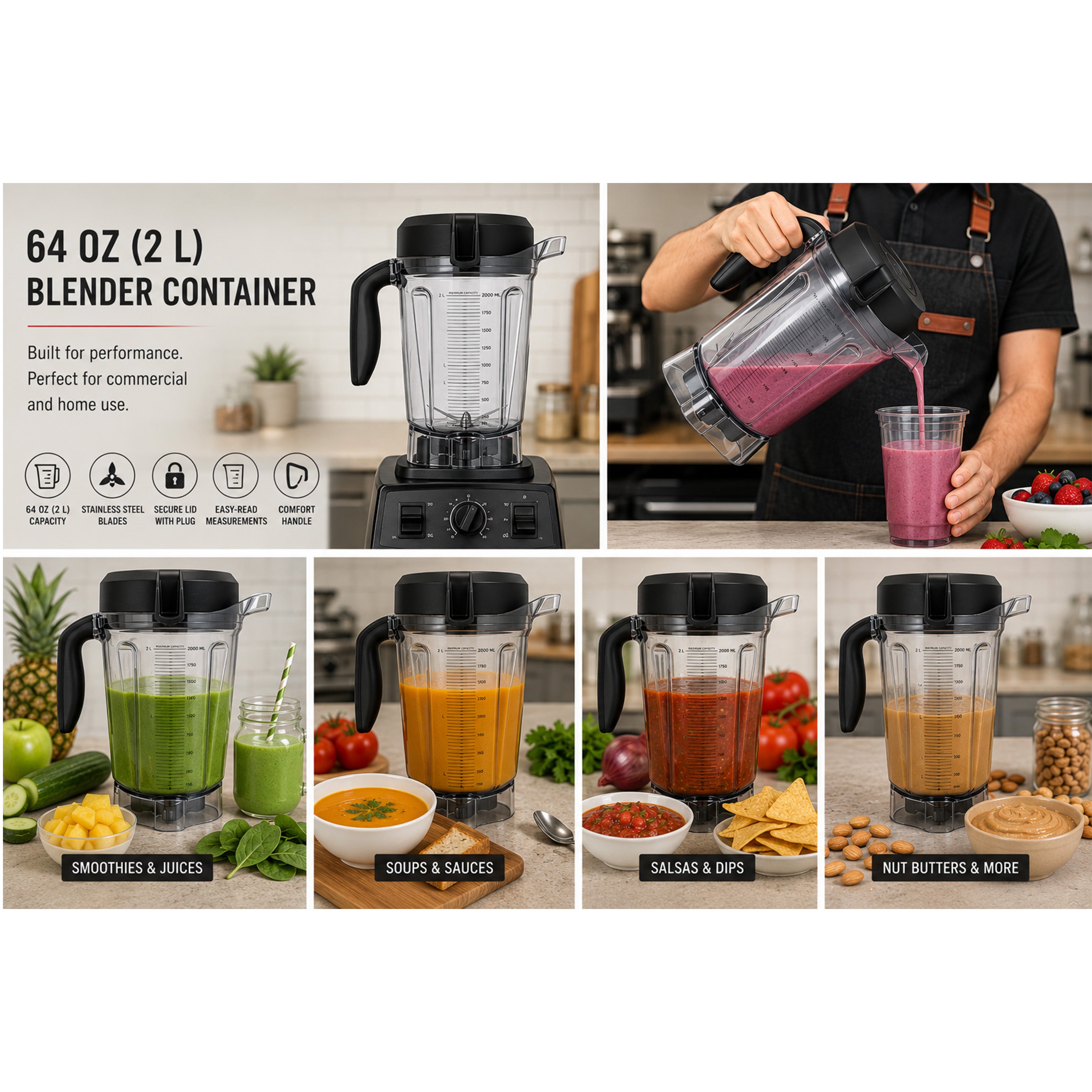 Chefco,SE-060904-7500, 64oz Transparent Blender Container Cup Lid Blade Replacement Accessories Kit Fit for Vitamix