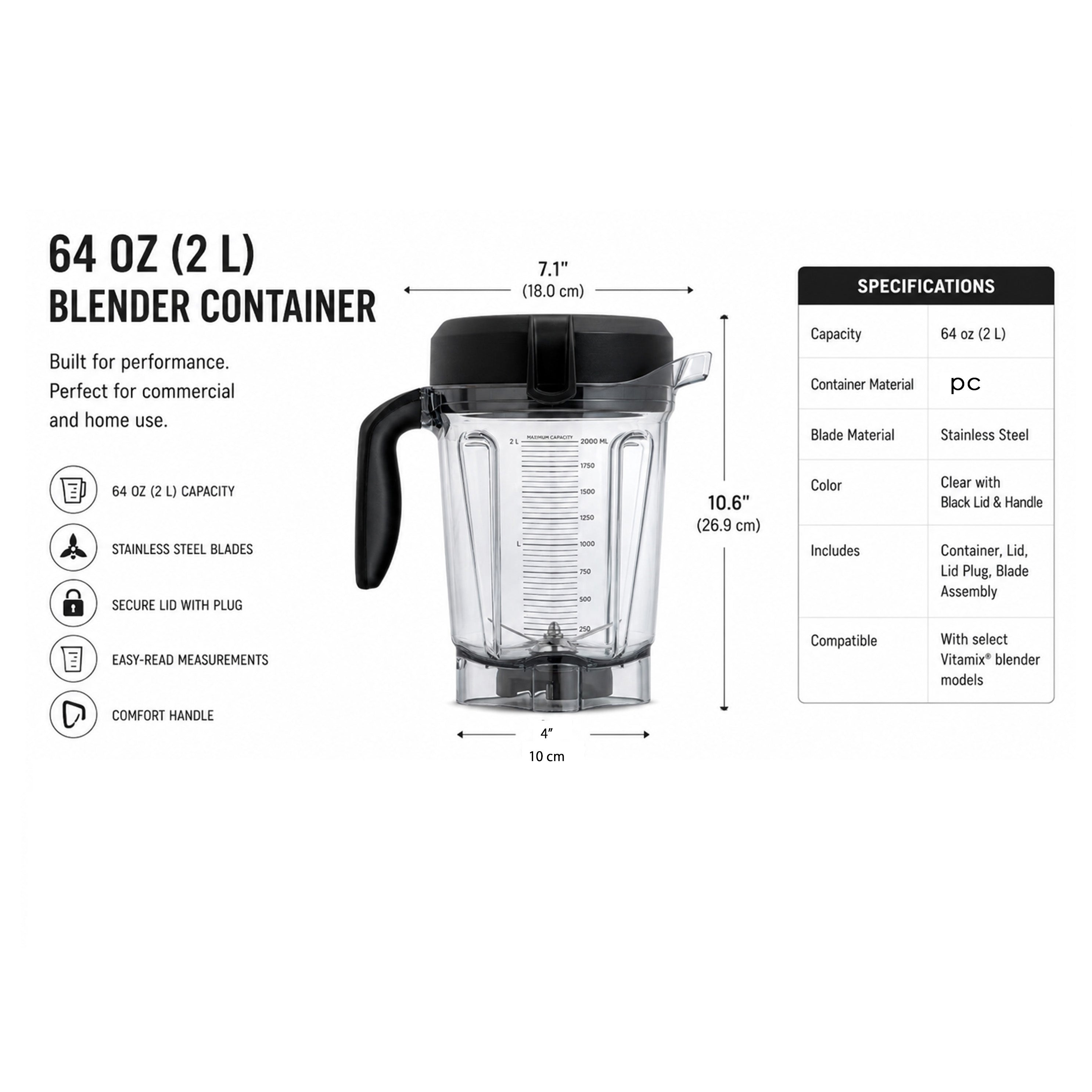 Chefco,SE-060904-7500, 64oz Transparent Blender Container Cup Lid Blade Replacement Accessories Kit Fit for Vitamix