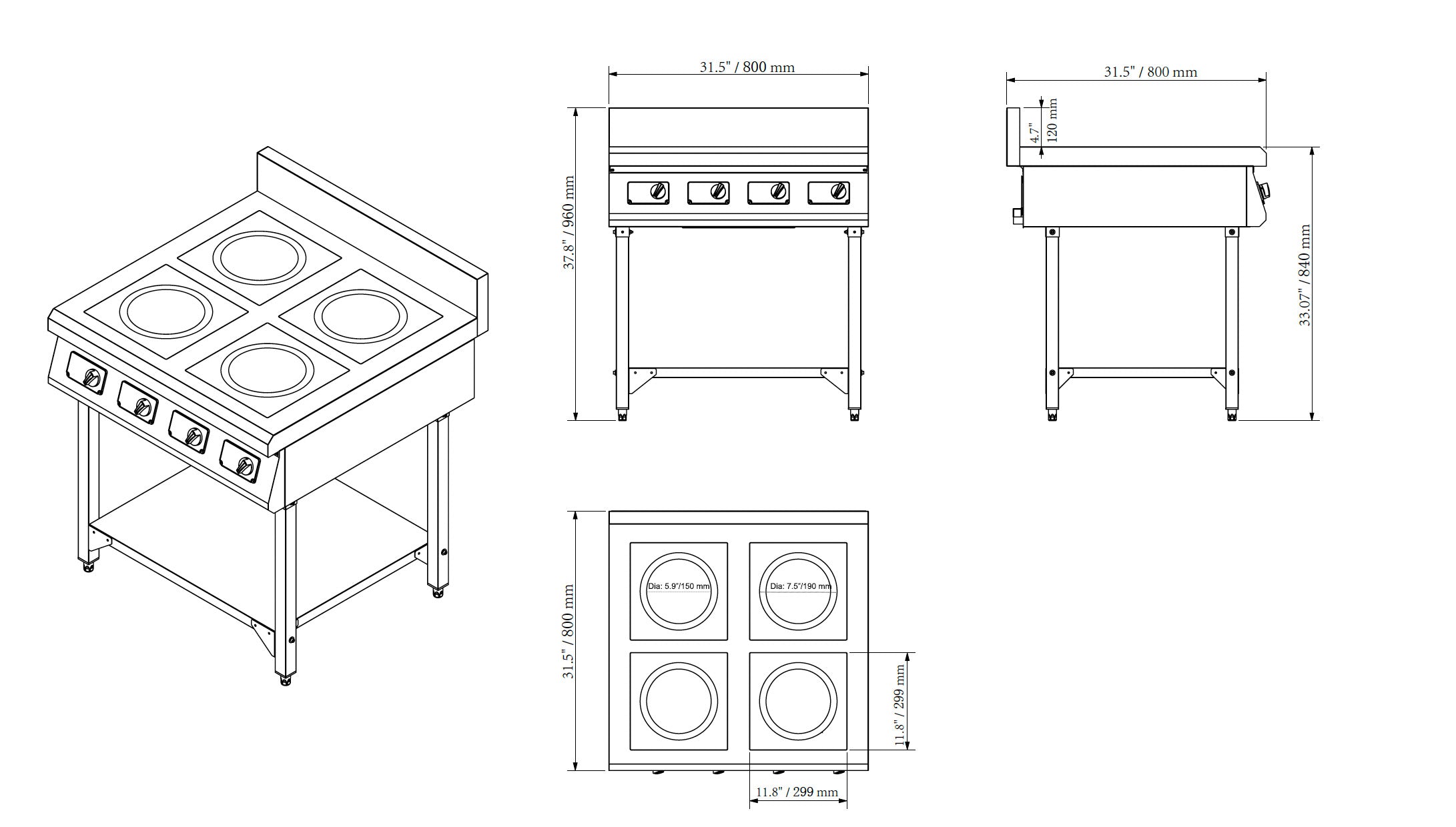 Turbo Range Stainless Steel 4 Burner Induction Cooker, SL-35-EL400, 14KW, 208V, 3PH - Chefcoca