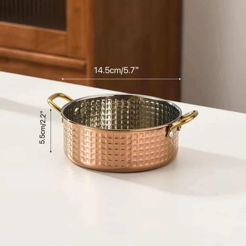 Sub-equip,RPD-14RG,Stainless Steel Rose Gold Hammered Round Mini Pot with Double Handle-(D 14.5cm x H 5.5 cm)(5.7"x 2.2") - Chefcoca