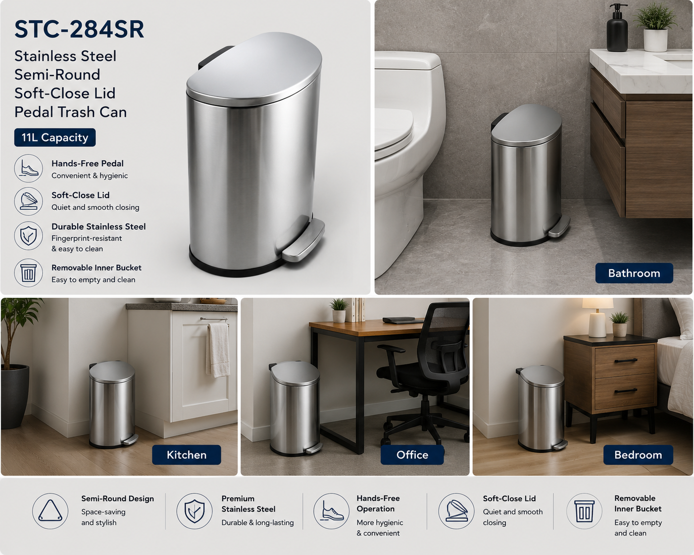 Chefco, STC-284SR,Stainless Steel Semi-Round Soft-Close Lid Pedal Trash Can, 11L