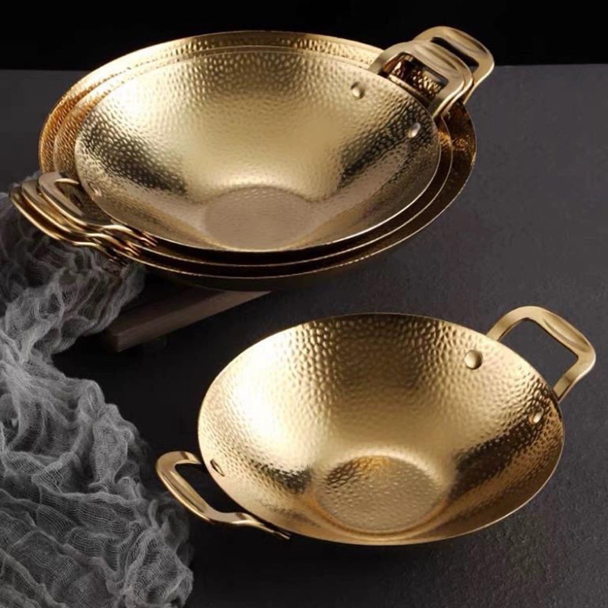 Alcohol pot Korean Ramen pot, Golden Serving Wok With Double handle