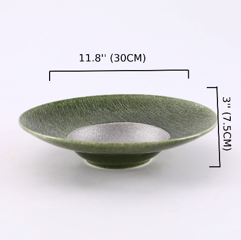 11.8" Green and Silver Ceramic Round Bowl with Textured Center (PTC00423)