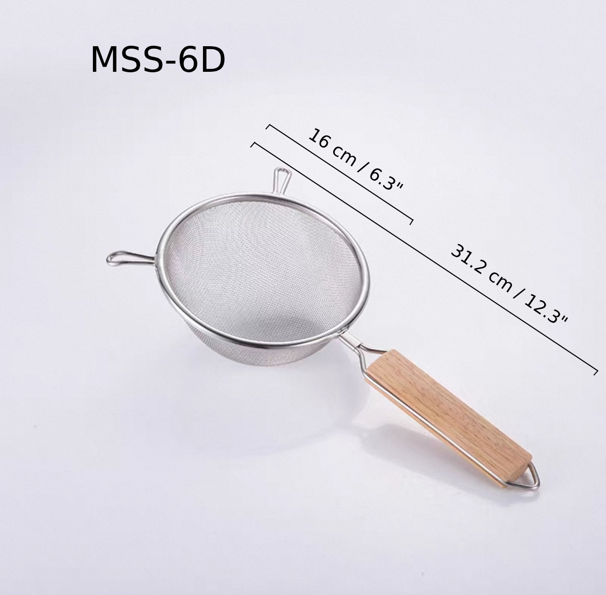 Chefco, 6 1/4" Medium Stainless Steel Double Mess strainer with Wooden Handle and Double Ear (MSS-6D) - Chefcoca