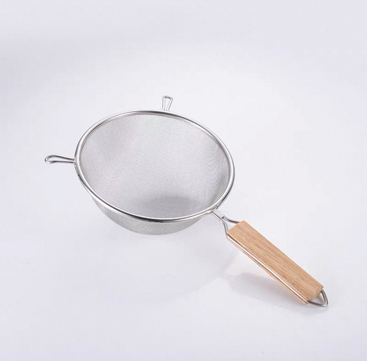 Chefco, 8 3/4" Medium Stainless Steel Double Mess strainer with Wooden Handle and Double Ear (MSS-9D) - Chefcoca